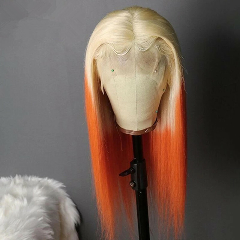 Long Straight Ombre Blonde to Orange Lace Front Fiber Wig Heat Safe Fashion Cos