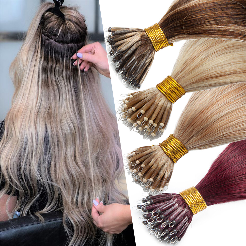 200PCS Thick 100% Remy Human Hair Extensions Nano Ring Micro Loop Beads Caramel