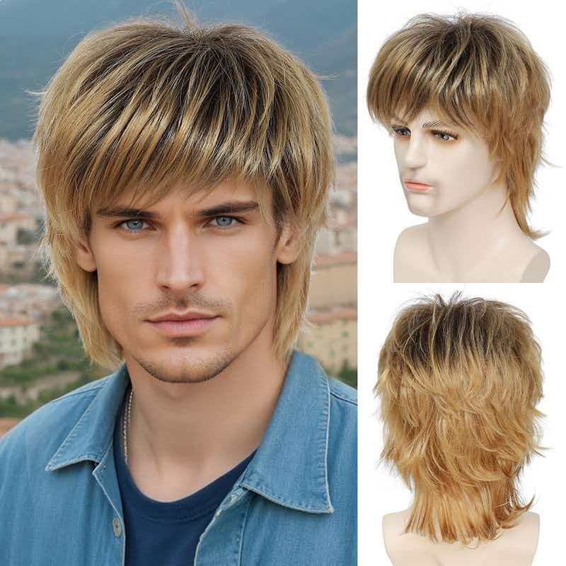 Men’s 14in Black to Gold Ombre Long Wig Full Heat Resistant Synthetic Cosplay