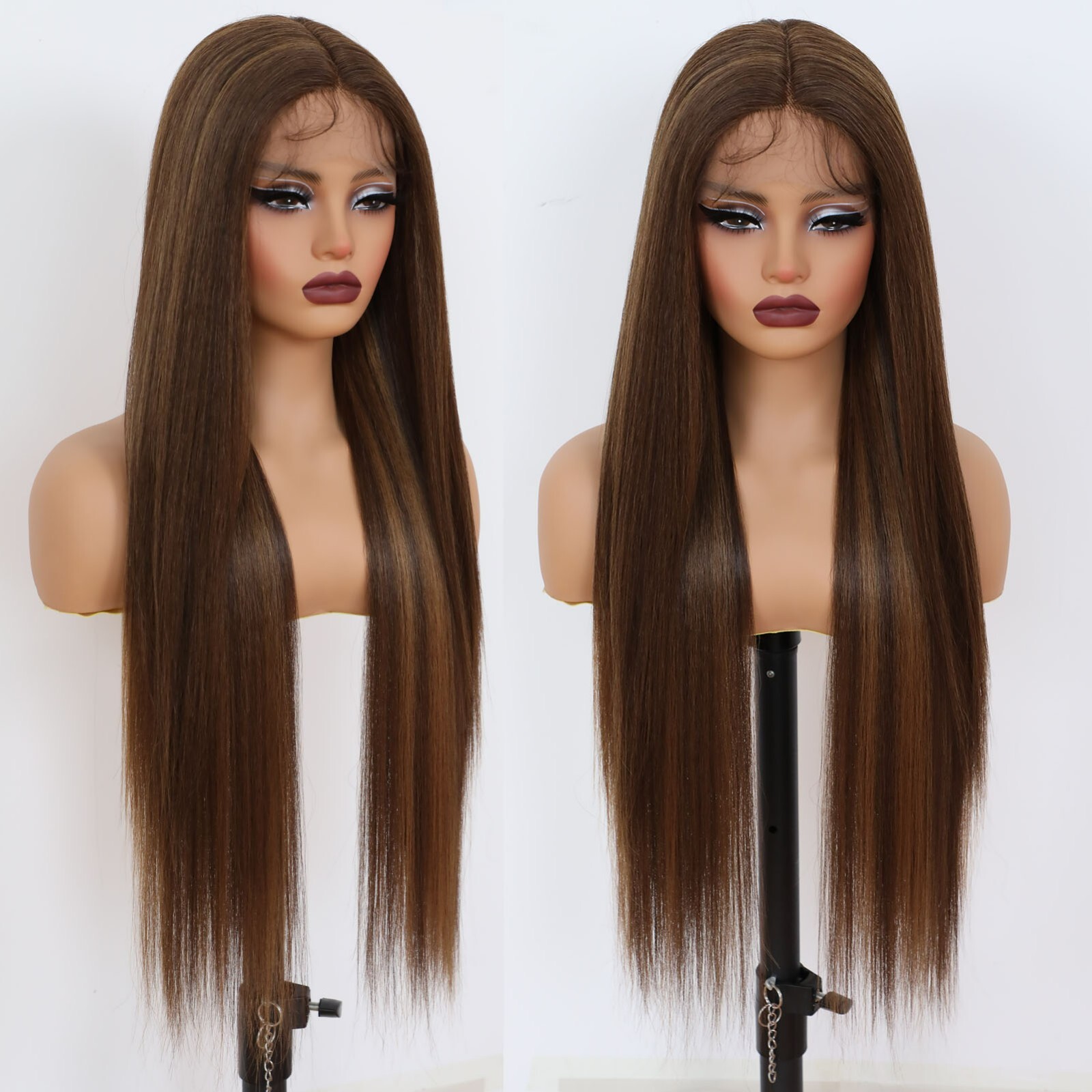 Synthetic Lace Front Wigs 32 Inch Long Straight Brown Blonde Highlights Women