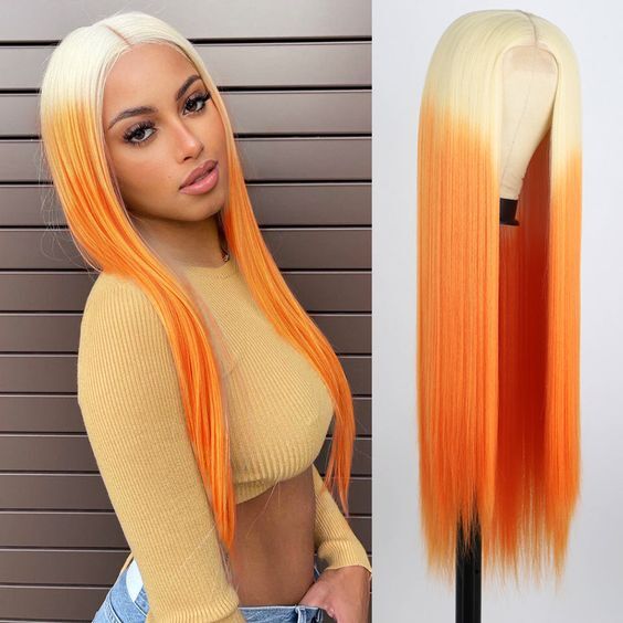 Long Straight Ombre Blonde to Orange Lace Front Fiber Wig Heat Safe Fashion Cos