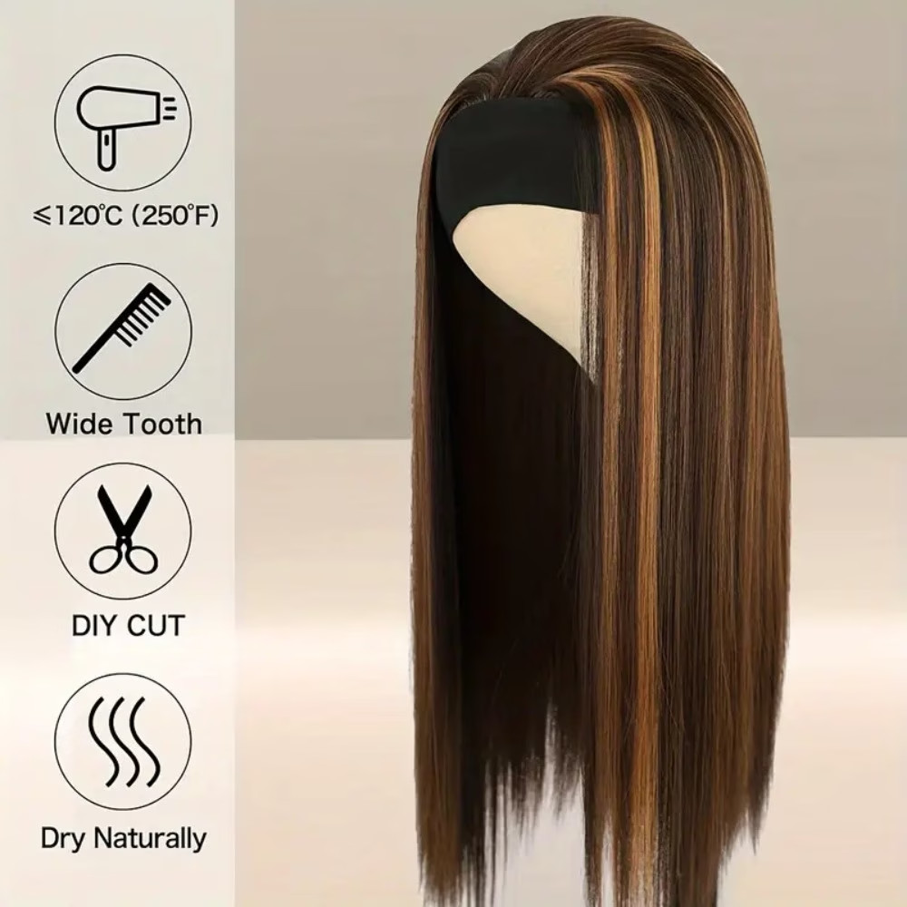 26″ Long Straight Headband Wig Brown Blonde Mixed Color Synthetic Hair Glueless