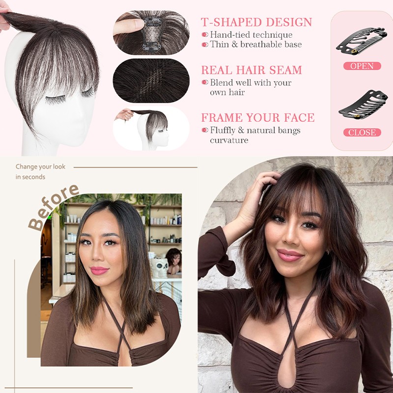 100% Real Human Hair Air Bangs Clip In Remy Extensions 3D Fringe Front Hairpiece