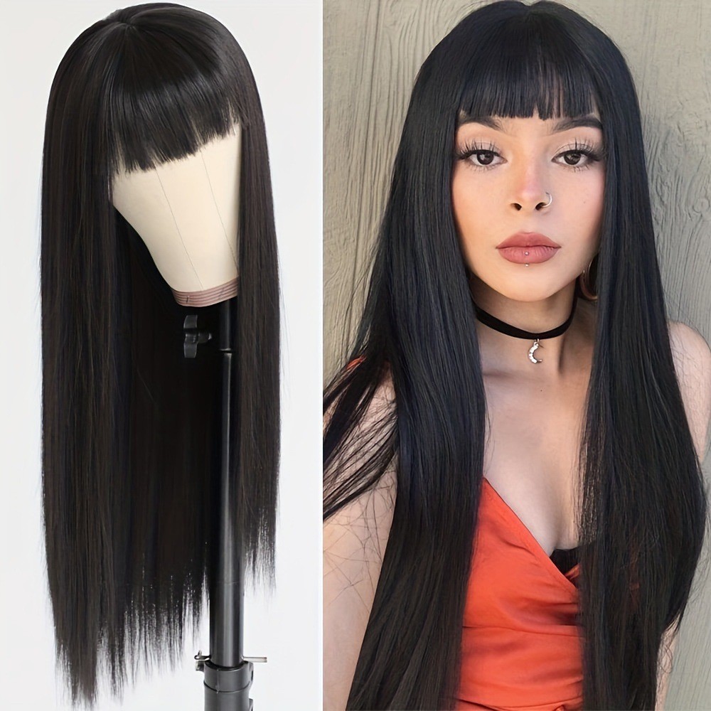 Long Straight Wig With Bangs For Women Multi Color Heat Resistant Synthetic