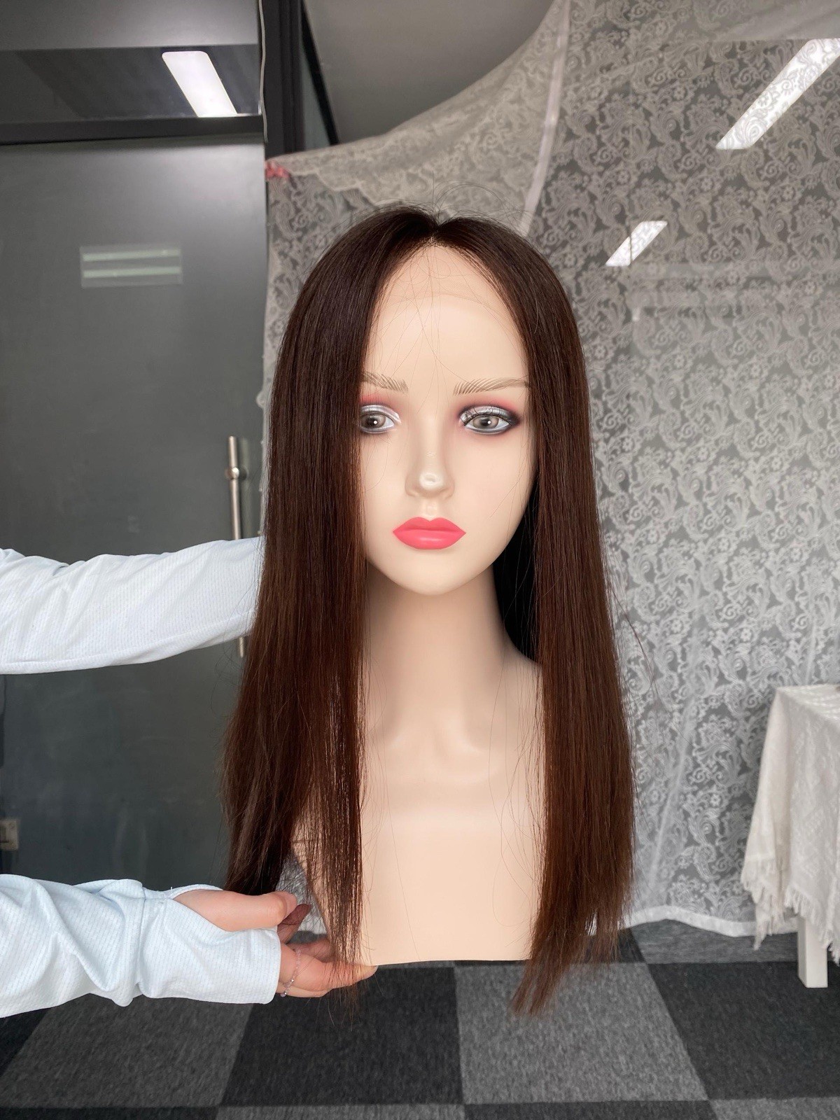 Lace Top Human Hair Wig Sheitel – 18” | No Layer | Color 8 | Medium Cap