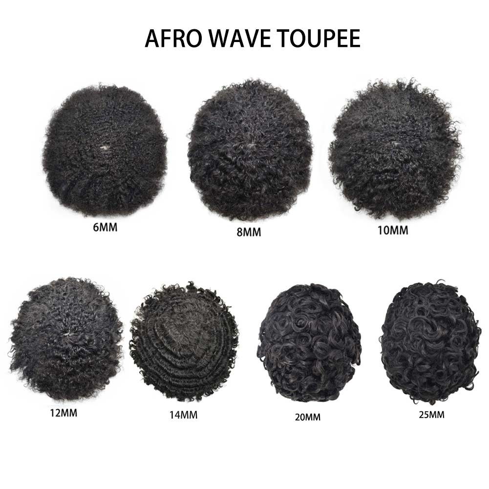 Black Afro Curl Mens Toupee Poly Skin 100%Human Hair African American Hairpieces
