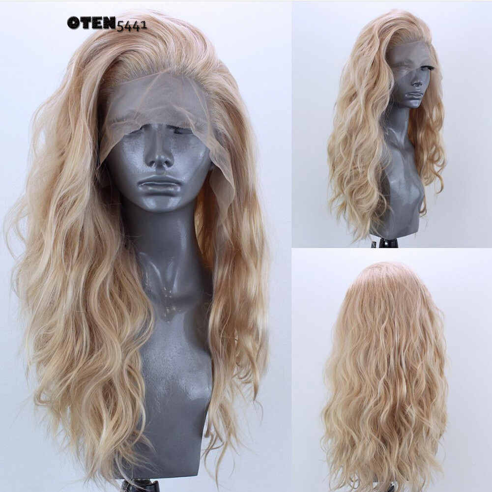 Long Curly Gold Blonde Mix Lace Front Heat Resistant Fiber Free Part Wigs Natura