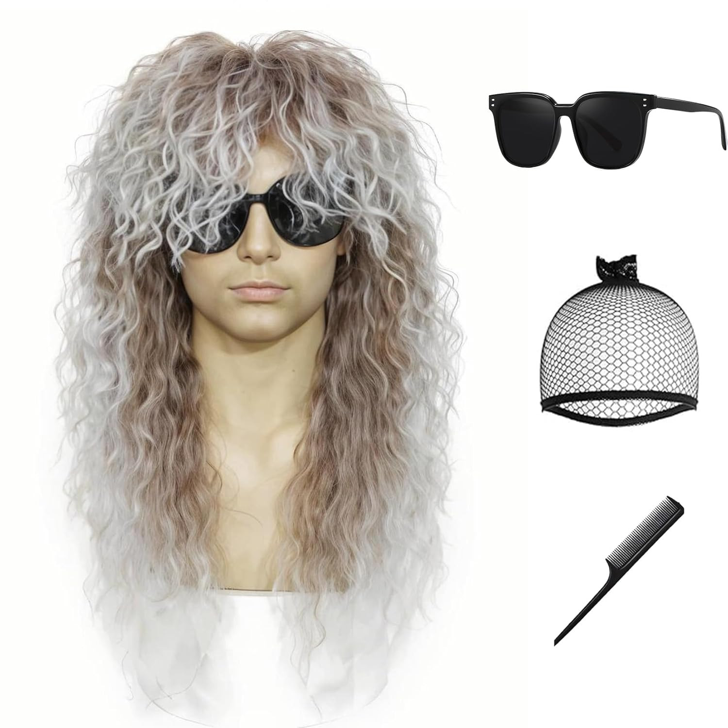 Rock Wig for 70S 80S Costume Men and Women Curly Wavy Rocker Wig with Bangs Hipp