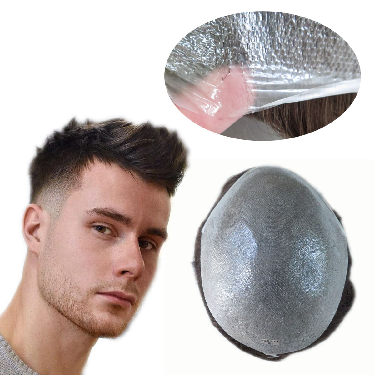 Mens Toupee Human Hair Replacement System Super Thin Skin V-looped Hairpieces #2