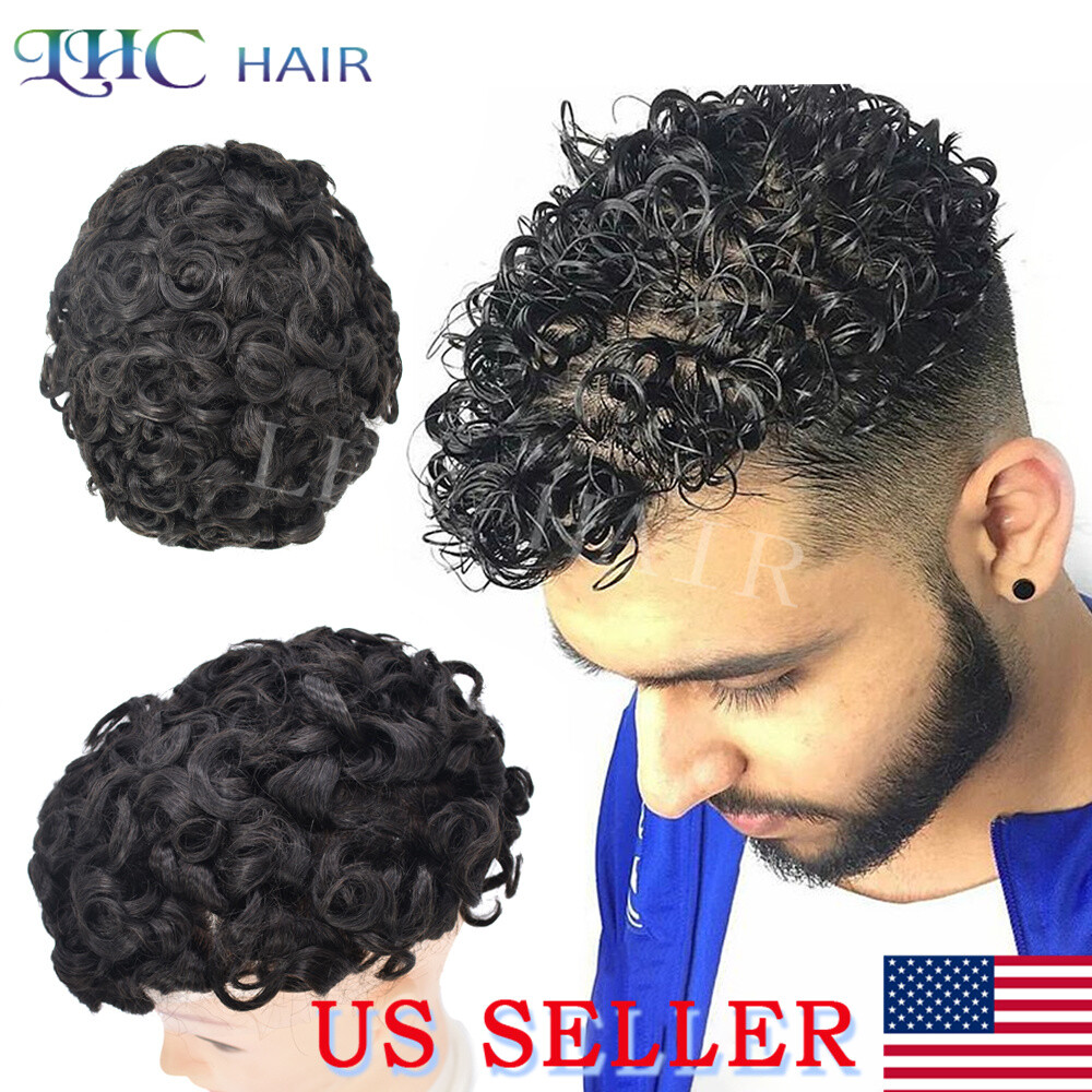 US 20mm Curly Toupee For Men Human Hair System Skin PU Deep Wavy Mens Hair Piece