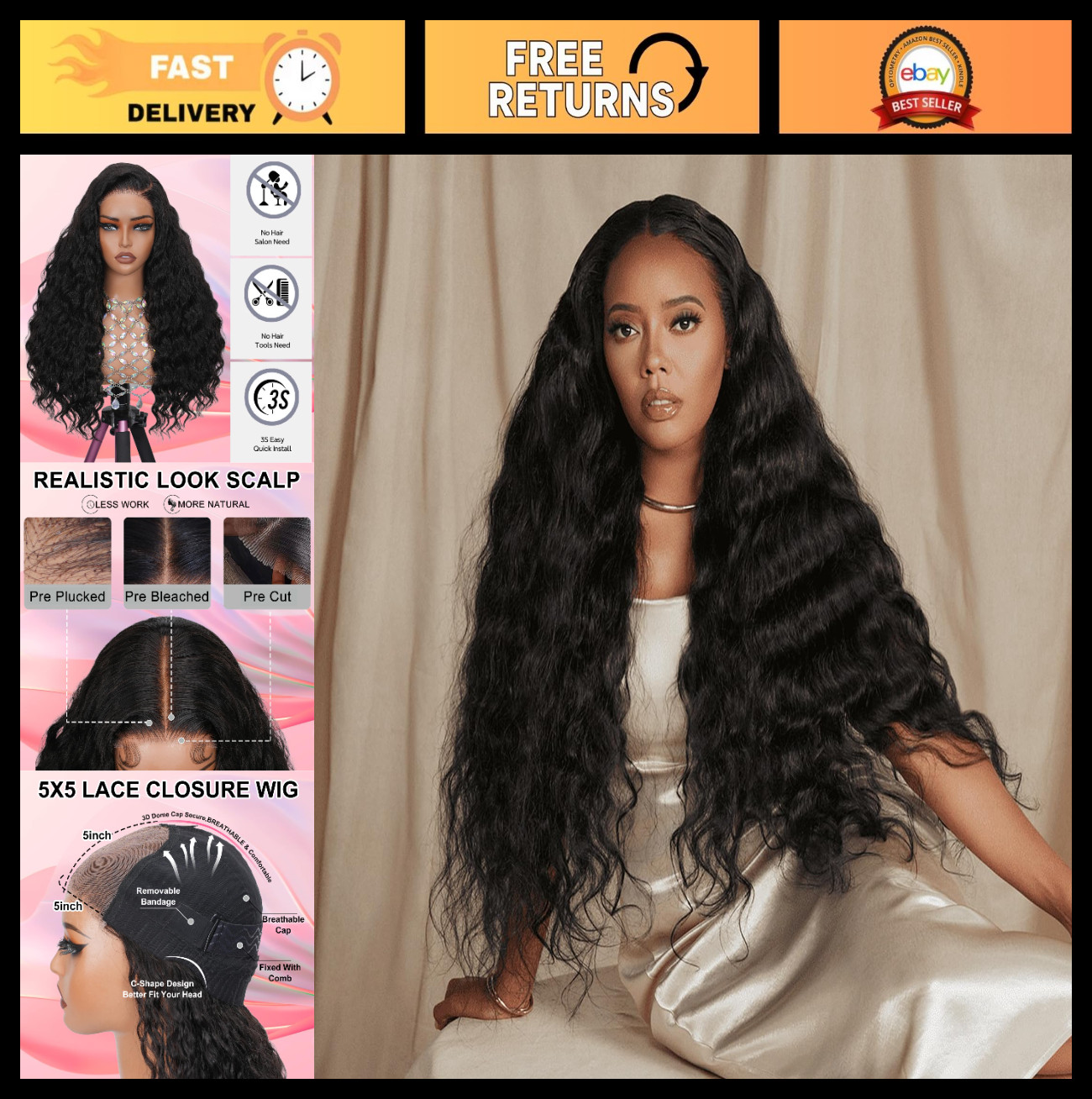 250 Density Glueless Human Hair Wig – Pre Cut Bleached Knots, Loose Wave, 5×5 HD
