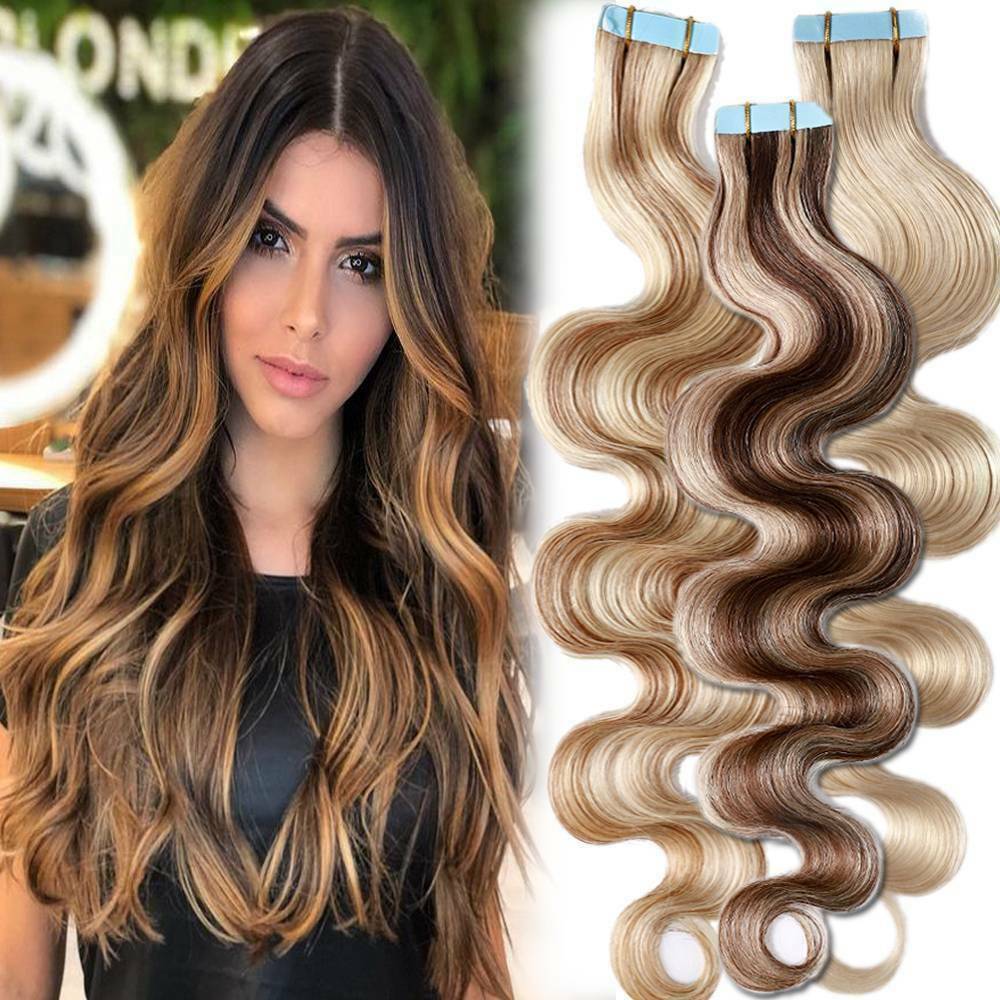 Tape In Balayage Skin Weft Remy Real Human Hair Extensions Full Head 200g WAVY