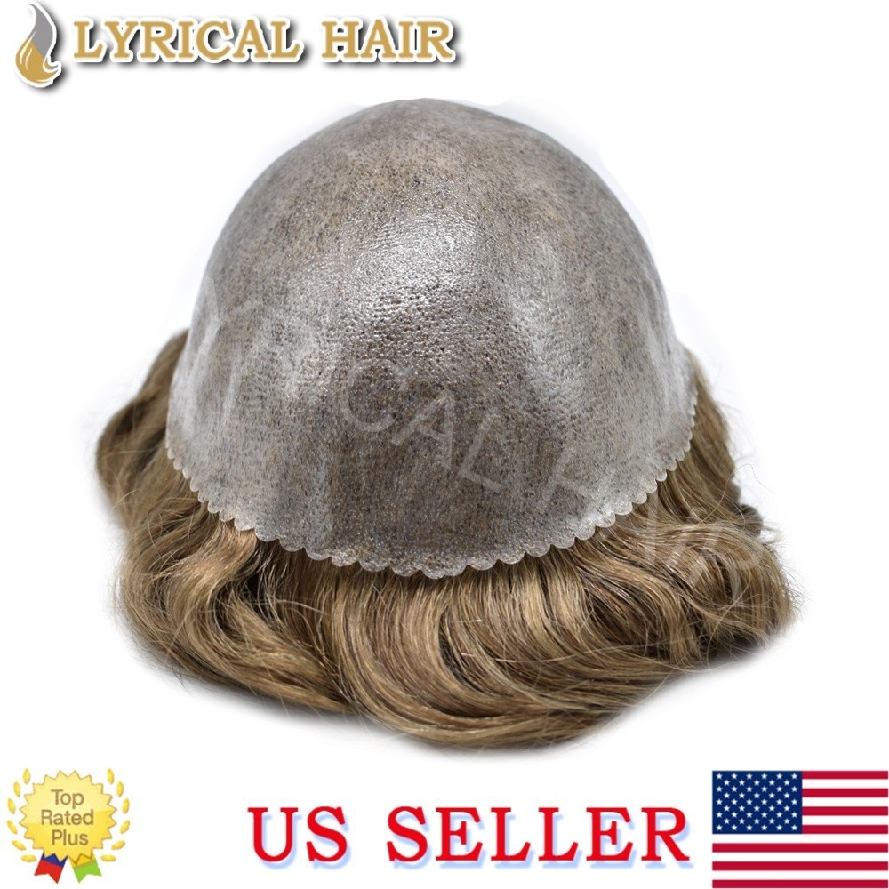 Mens Toupee Human Hair Replacement System All Injection PU Hairpiece Brown Grey