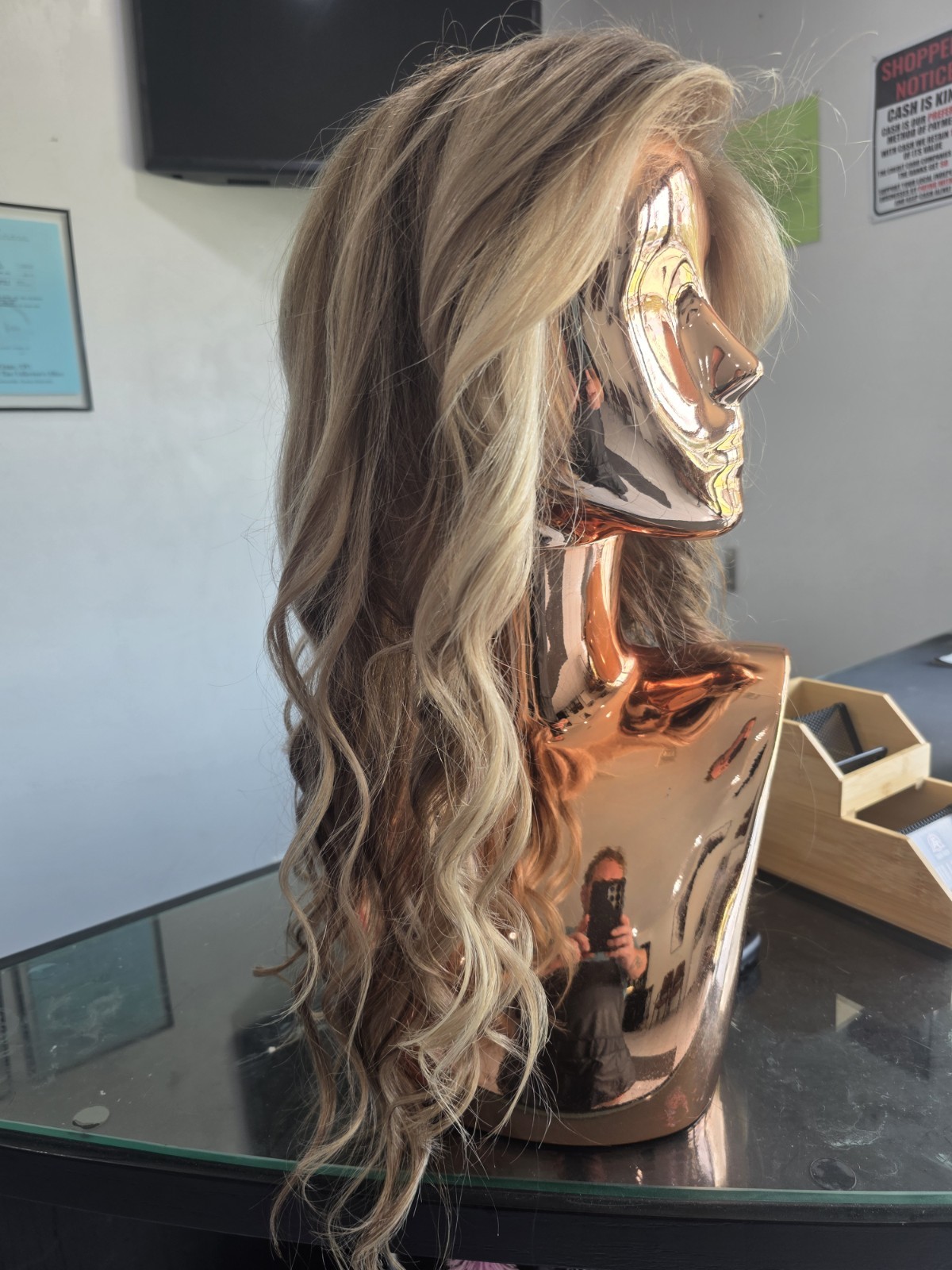 Natural 20″ blonde, custom color 100% human hair wig, glueless cap structure