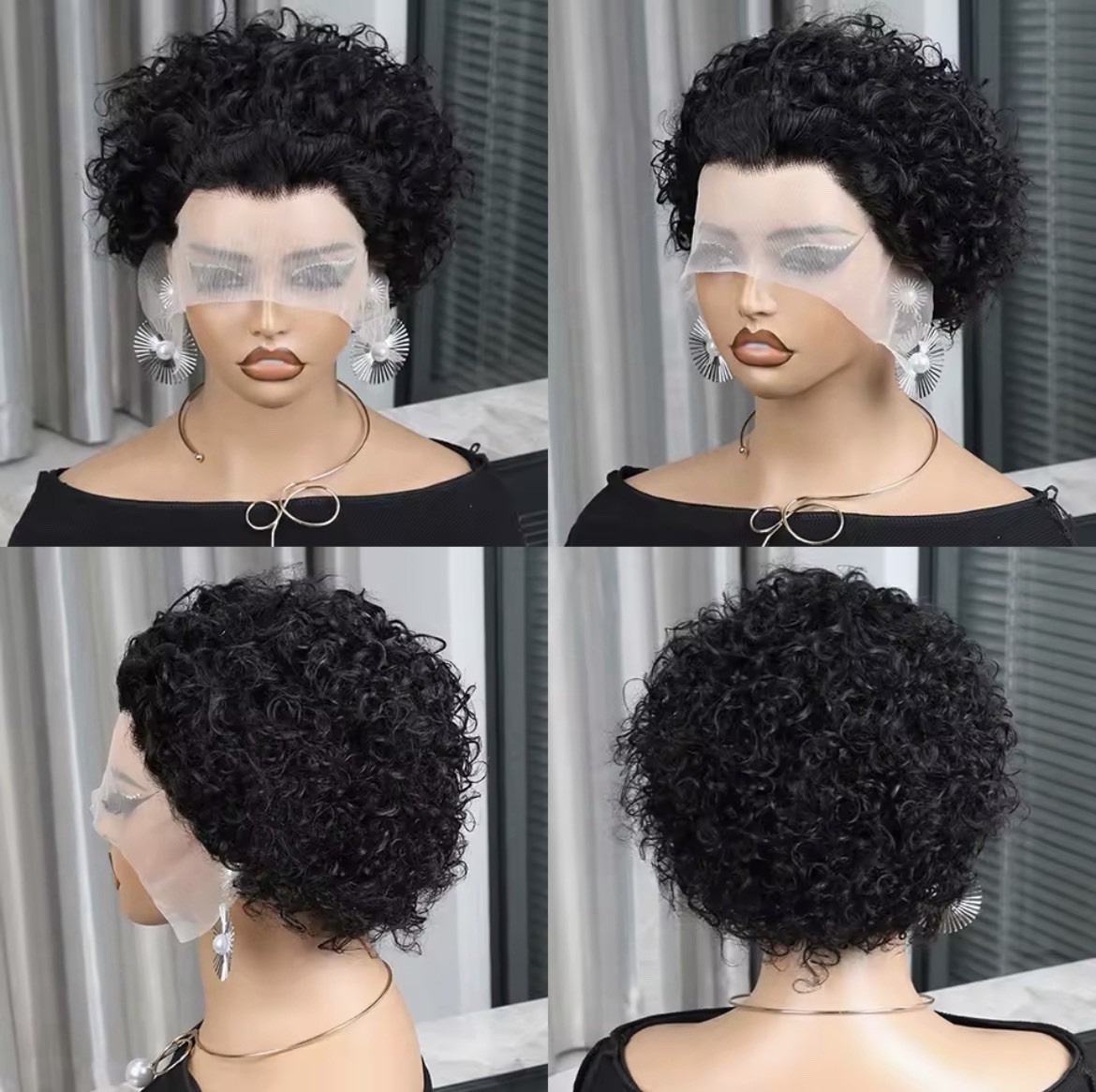 Women Human Hair Lace Front Curly Bob Wig Short Black Glued Attachment