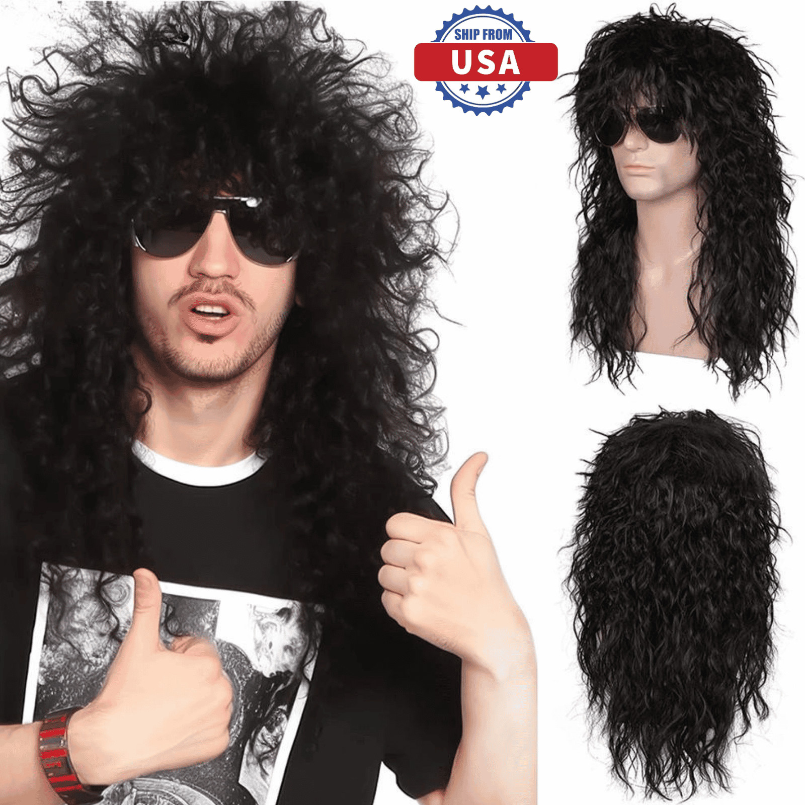 Men’s 80s Black Mullet Wigs Male Hair Punk Heavy Metal Rocker Long Curly Wig USA
