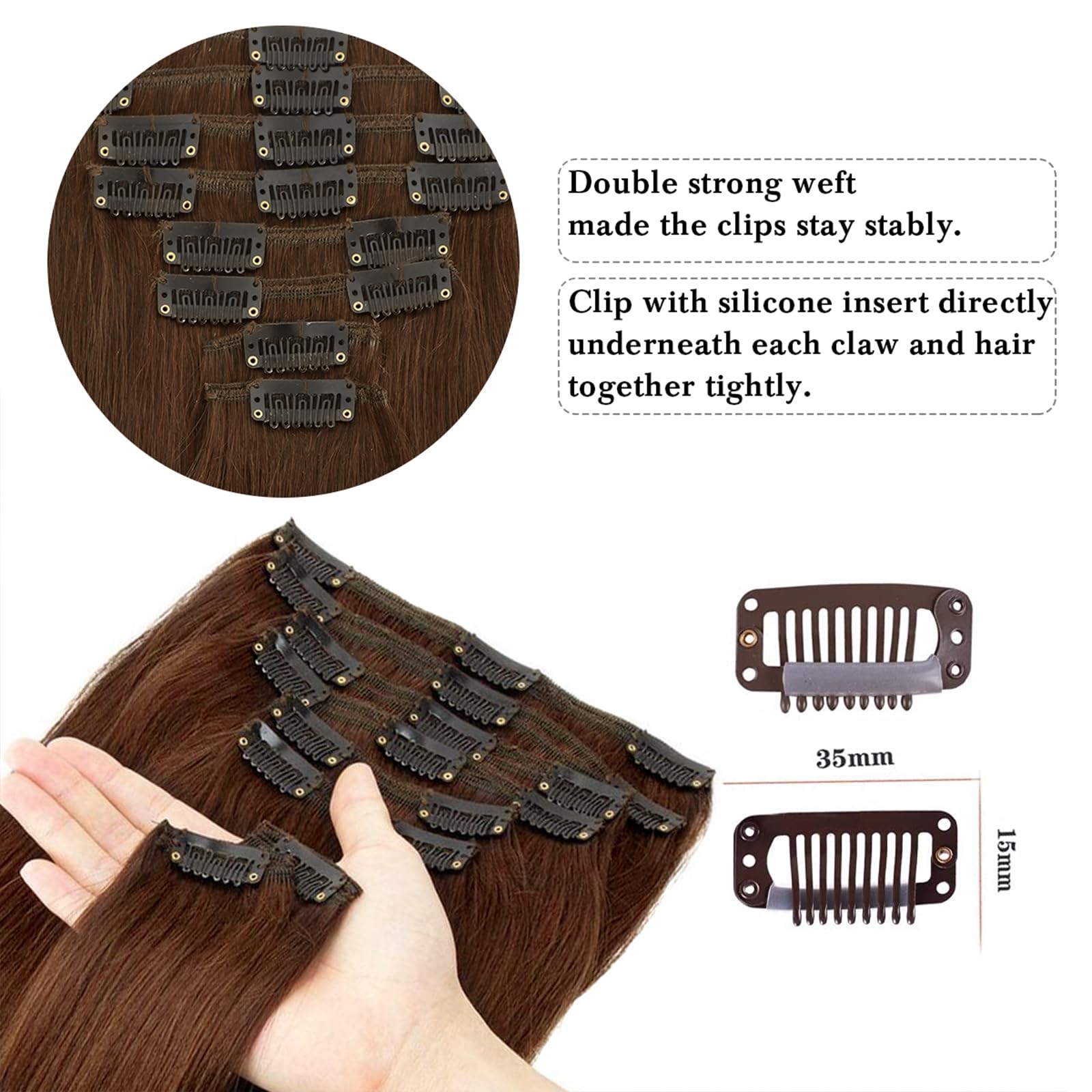 Real Human Hair Clip-In Extensions 8pcs 70g 20″ Medium Brown Seamless Straight
