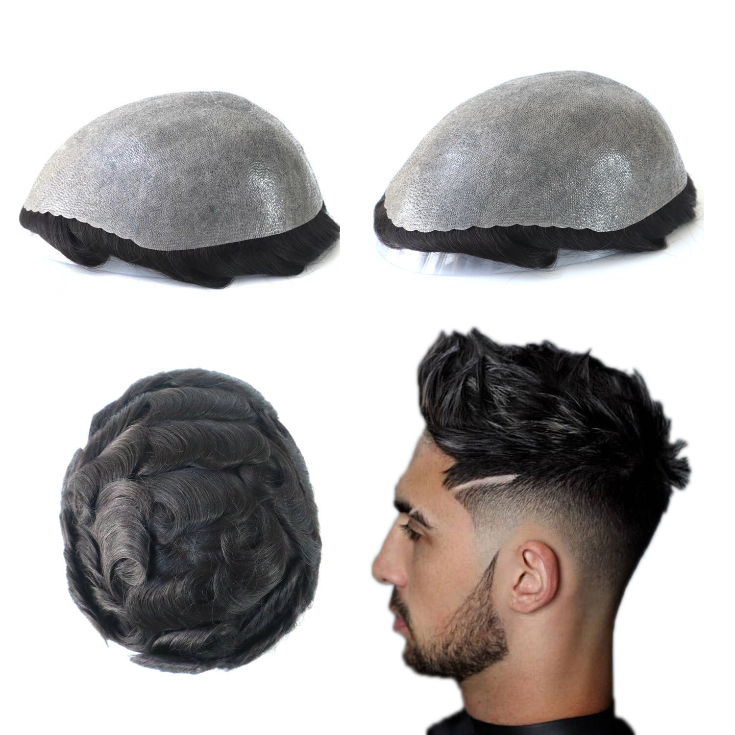 Mens Human Hair Replacement System Medium Poly Skin V Toupee Black Hairpiece #1B