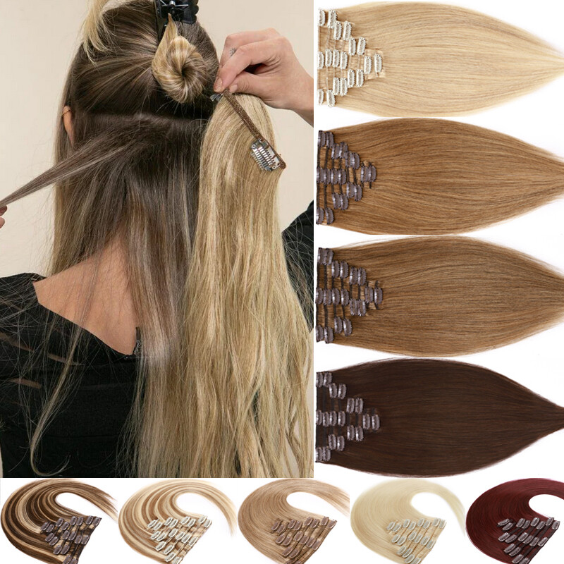8PCS Clip In Hair Extensions 100% Real Soft Human Hair Weft Any Color 14″-24″ US
