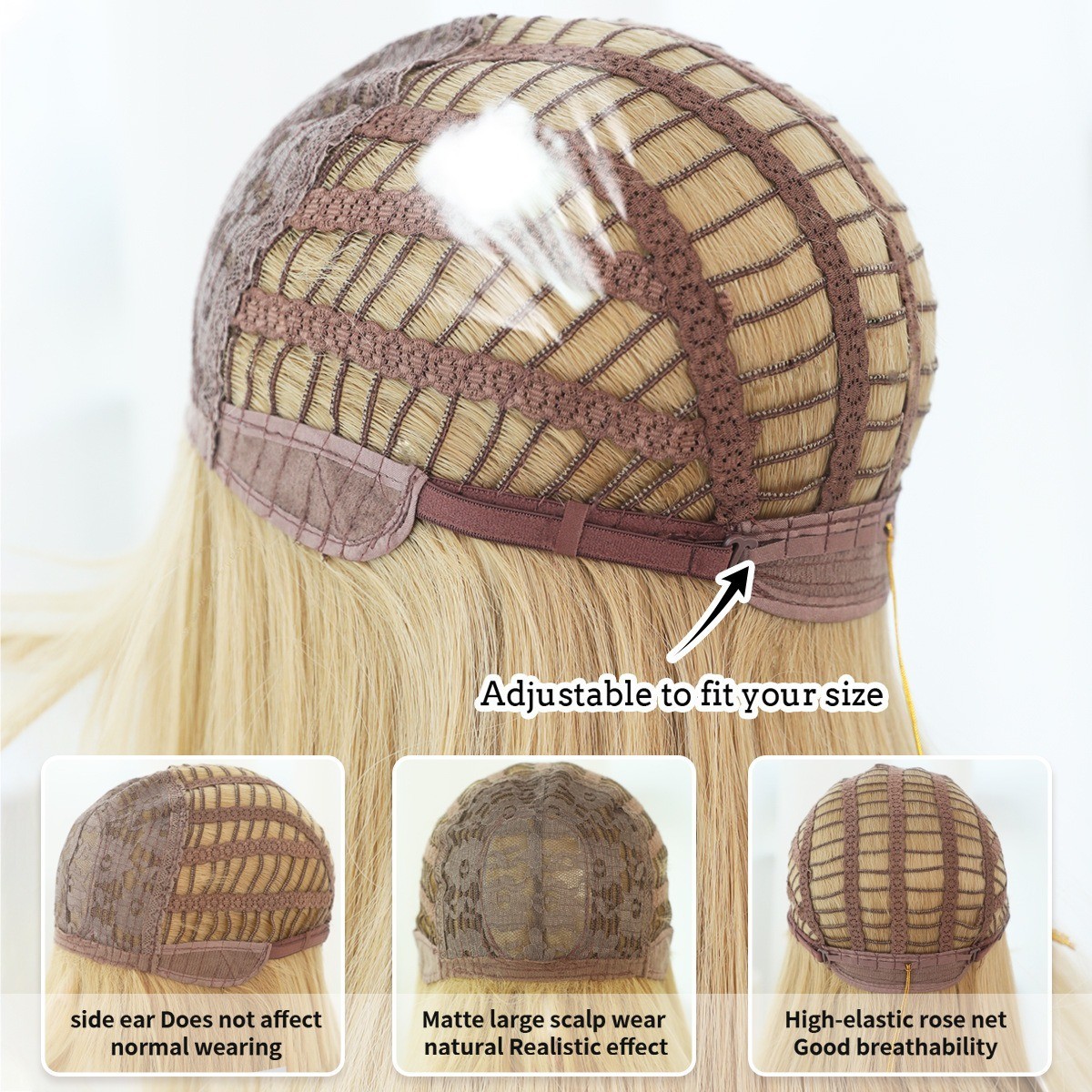 The lady has naturally long golden hair and is wearing a synthetic blonde wig