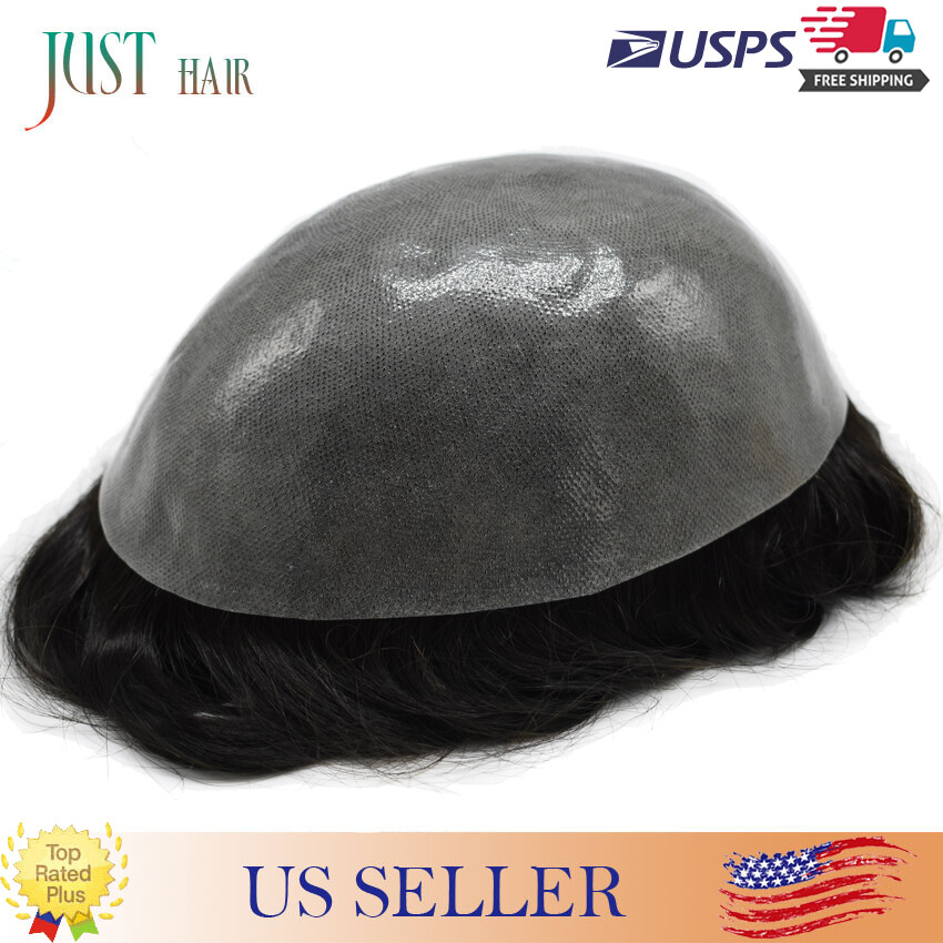 Mens Hair Replacement System All Poly Skin Men Toupee Hairpieces Human Hair Wigs