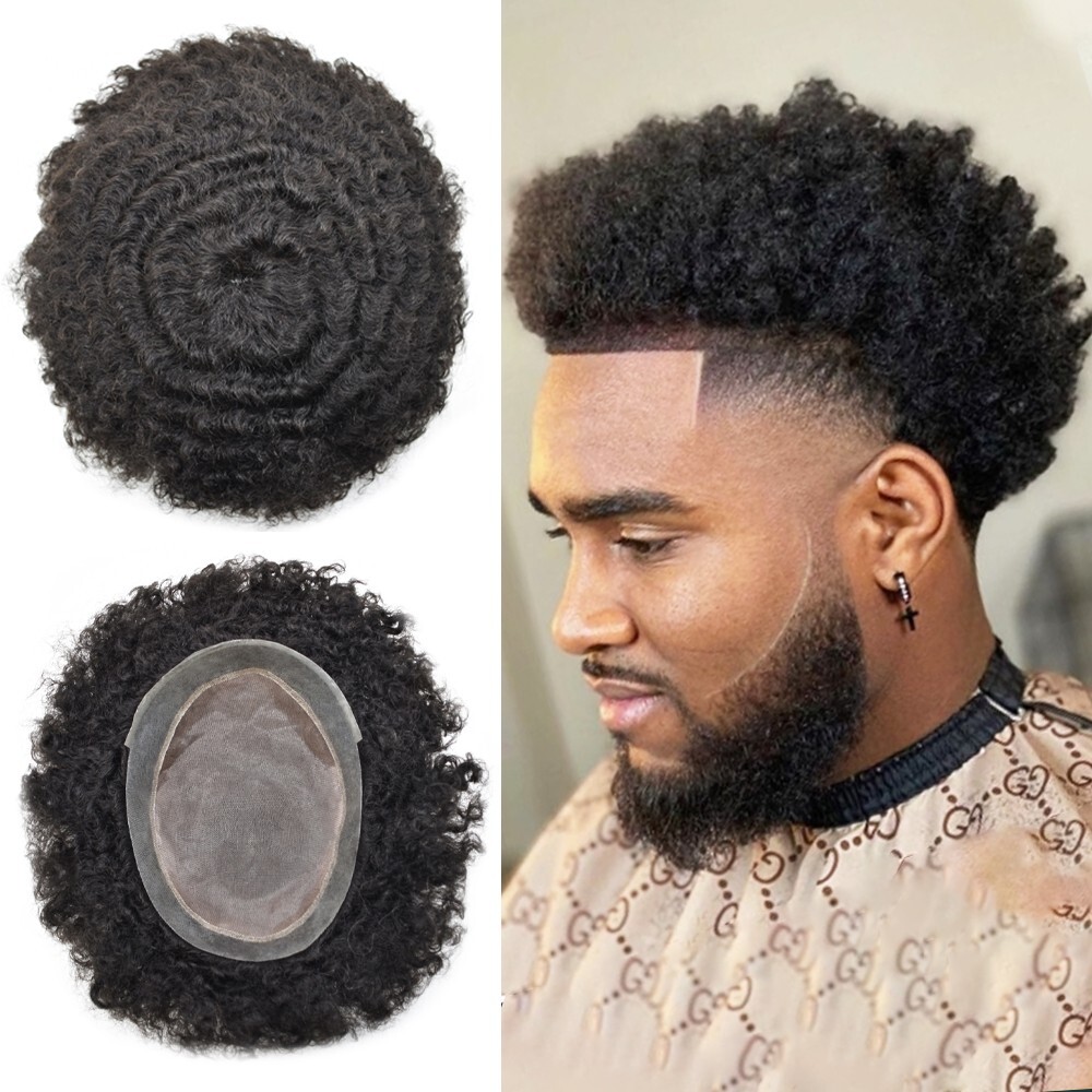 Afro Toupee for Black Men Durable Mono Afro Weave Kinky Curly Mens Wig Hair Unit