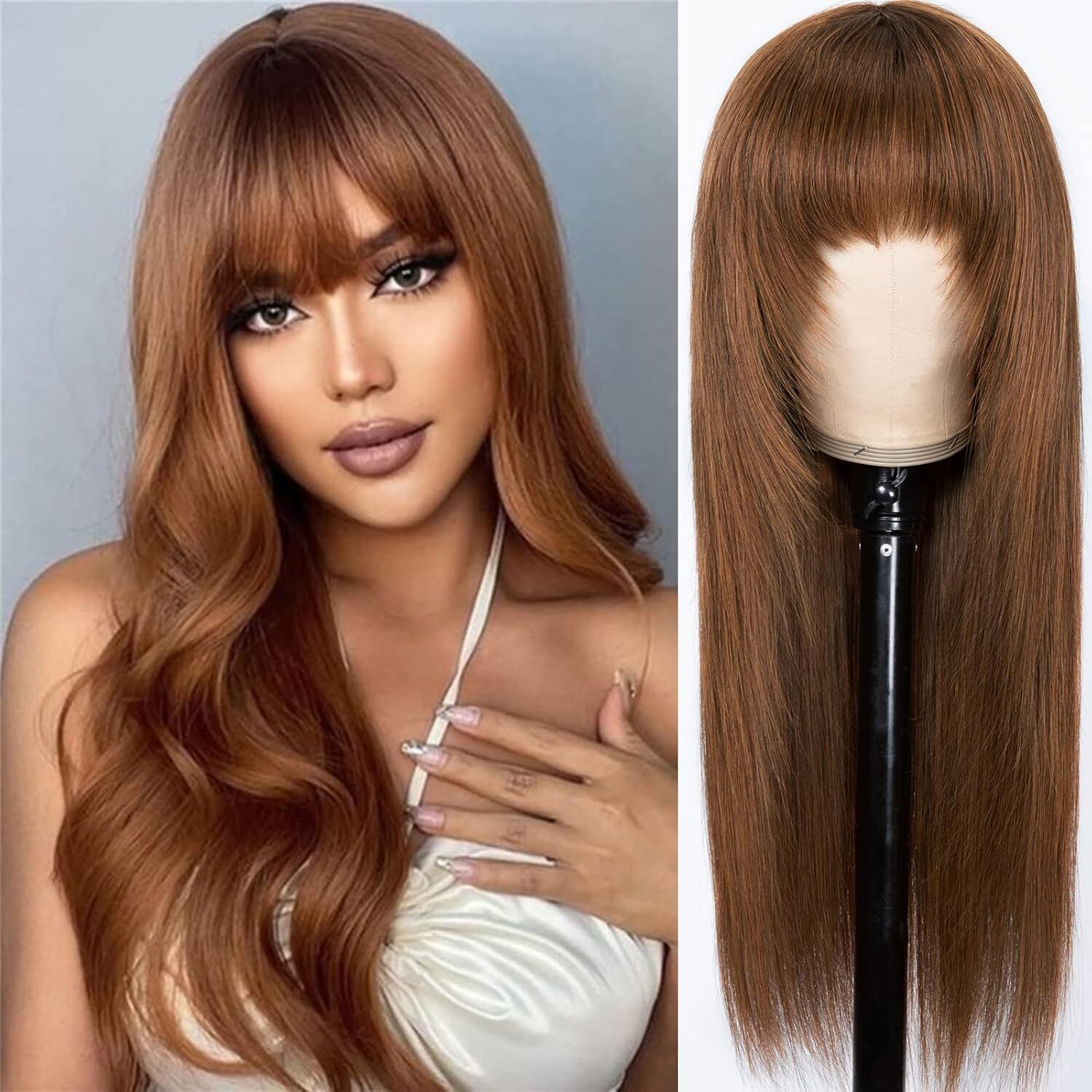 UNice Cambodian Brown Yaki Straight Human Hair Wig with Bangs Lace Wig Layer Cut