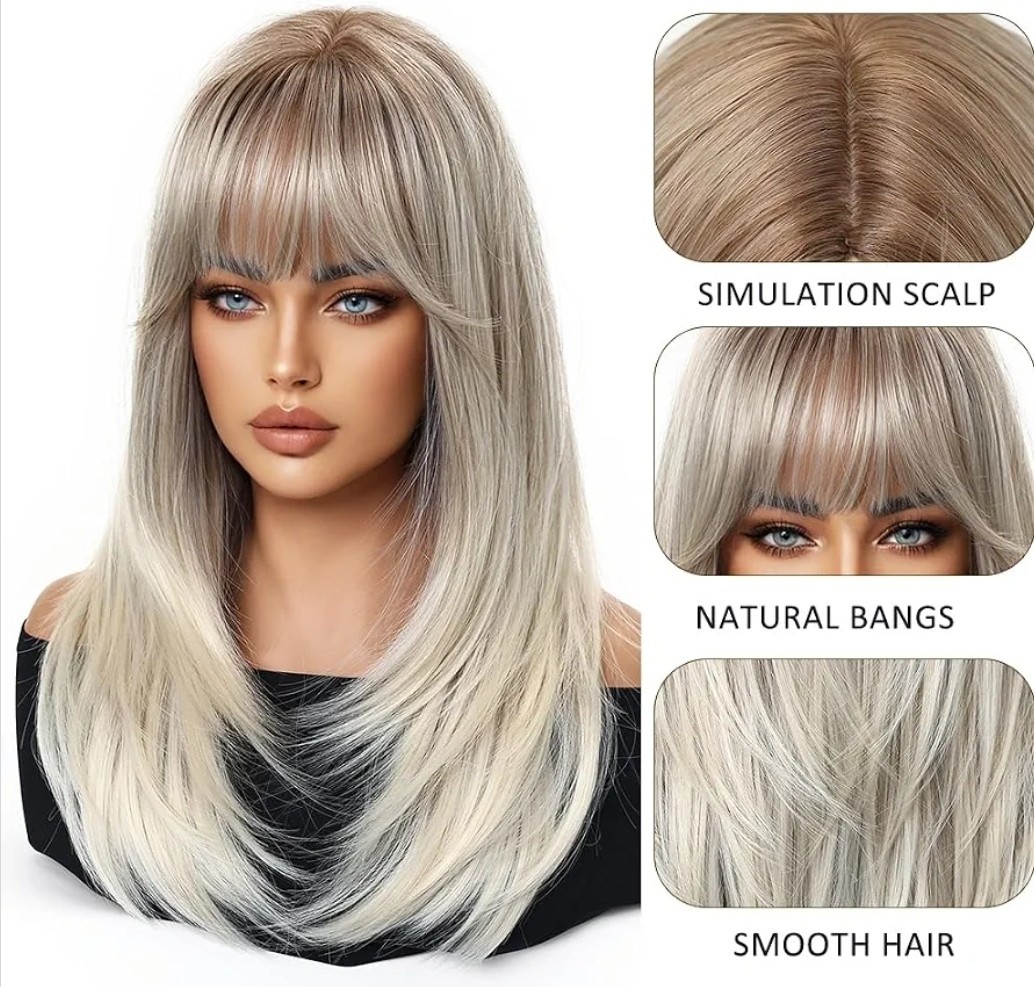 Ash Gray Blonde Wig Human Hair Blens Short Straight Bob Bangs Layers Natural