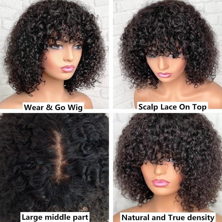 2X1 HD Lace Front Human Hair Wig with Bang curly Short Bob Wigs with Bang