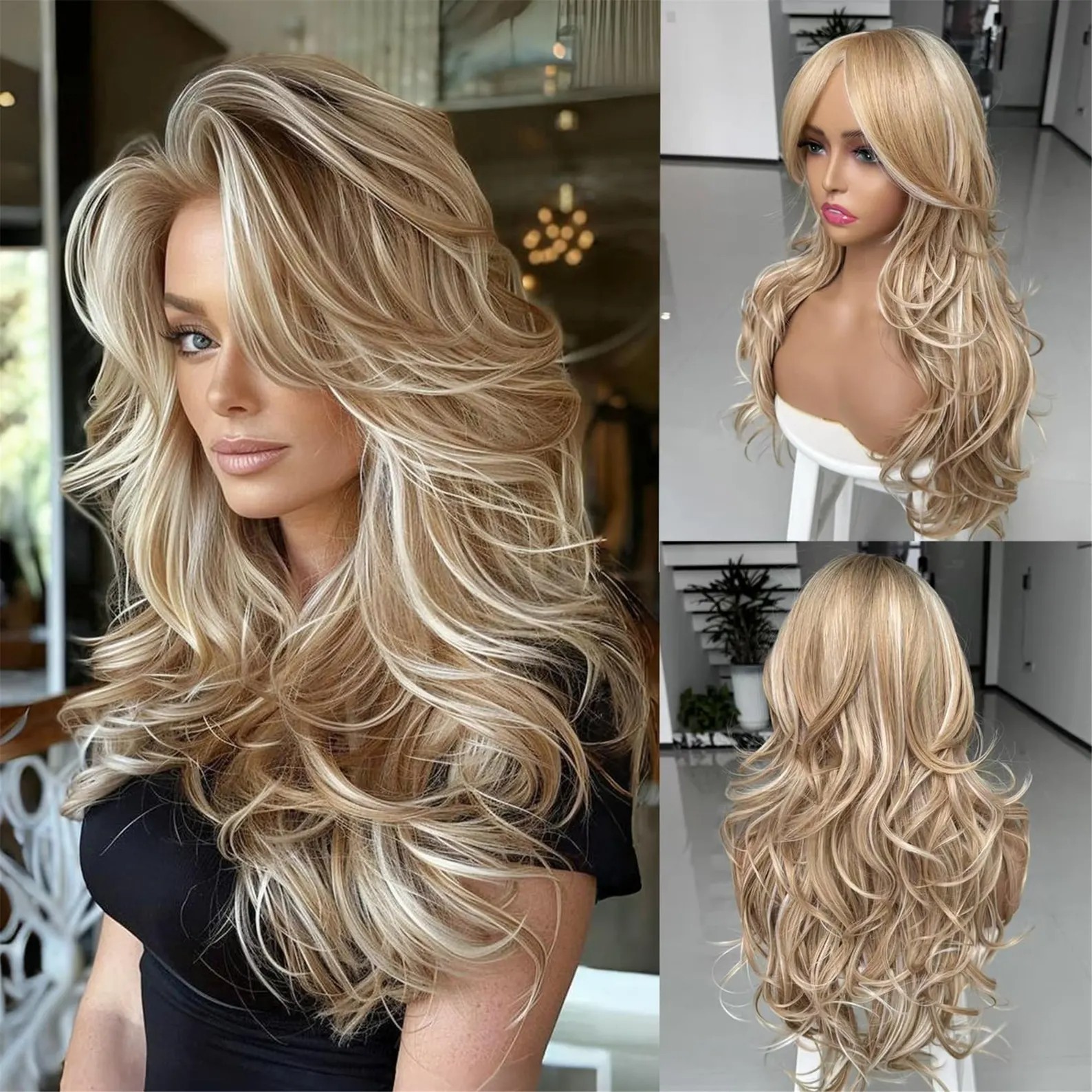 Platinum Blonde Highlight Ombre Light Brown Wig Long Wavy Layererd Wig