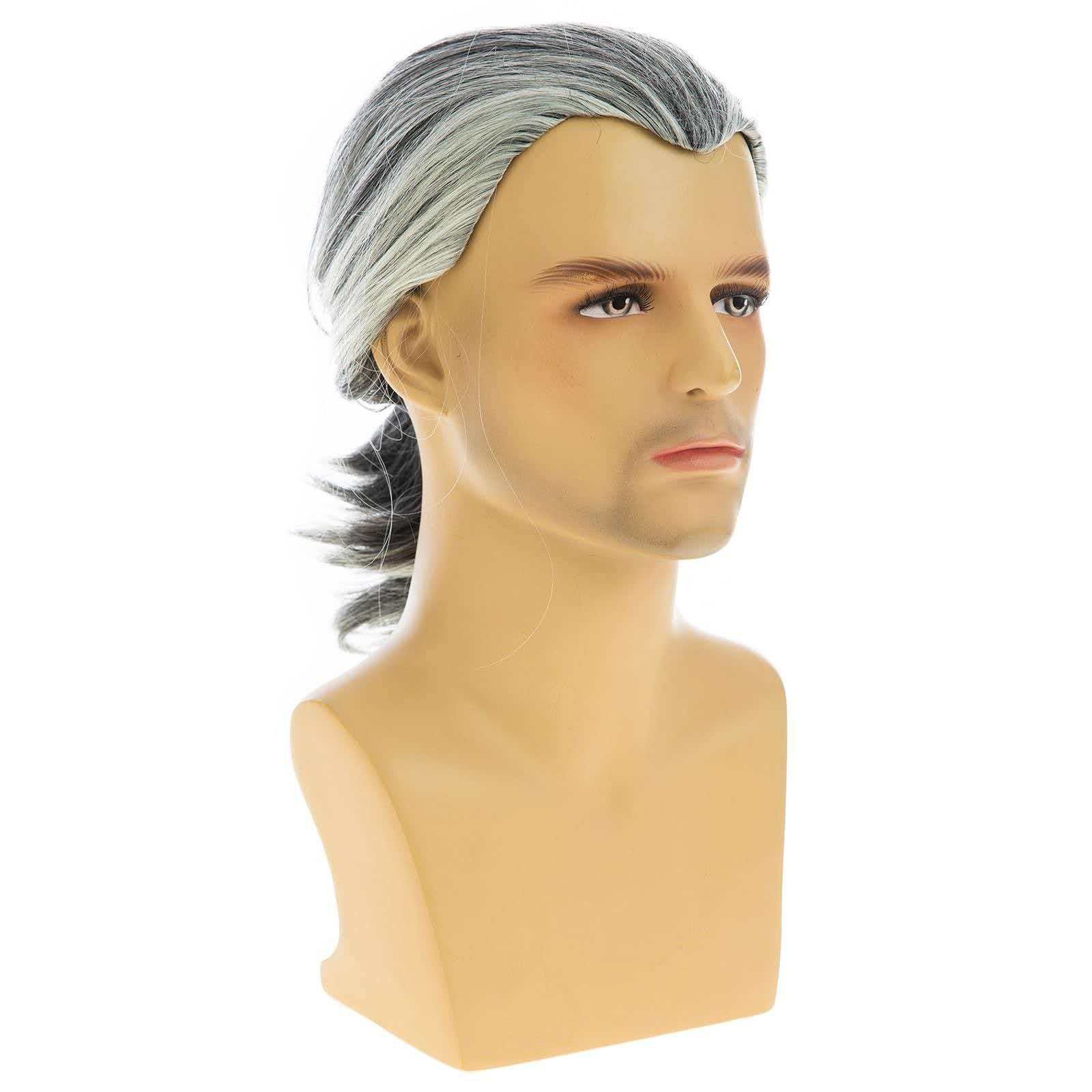 Men’s 14in Silver Gray Full Wig Heat Resistant Synthetic Cosplay Halloween Party