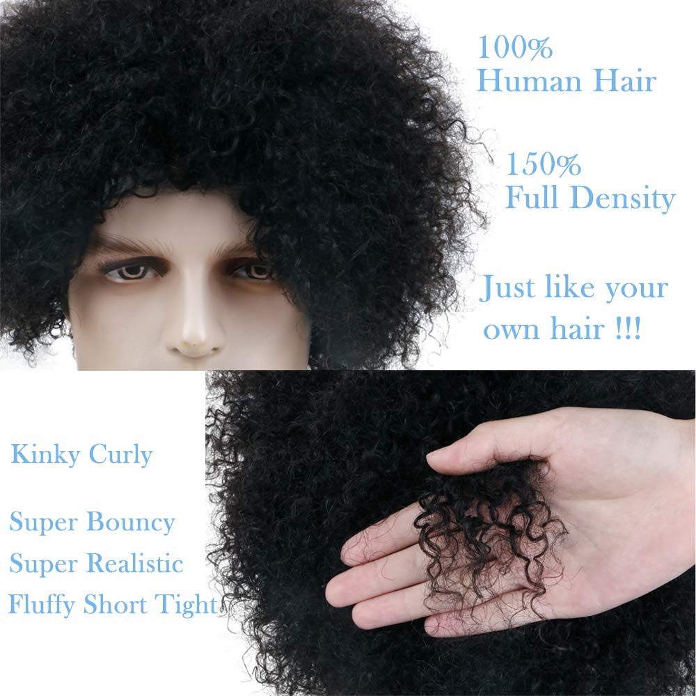 BECUS 8 Inch Afro Wig for Black men Short Kinky Curly Human Hair Wigs for Bla…