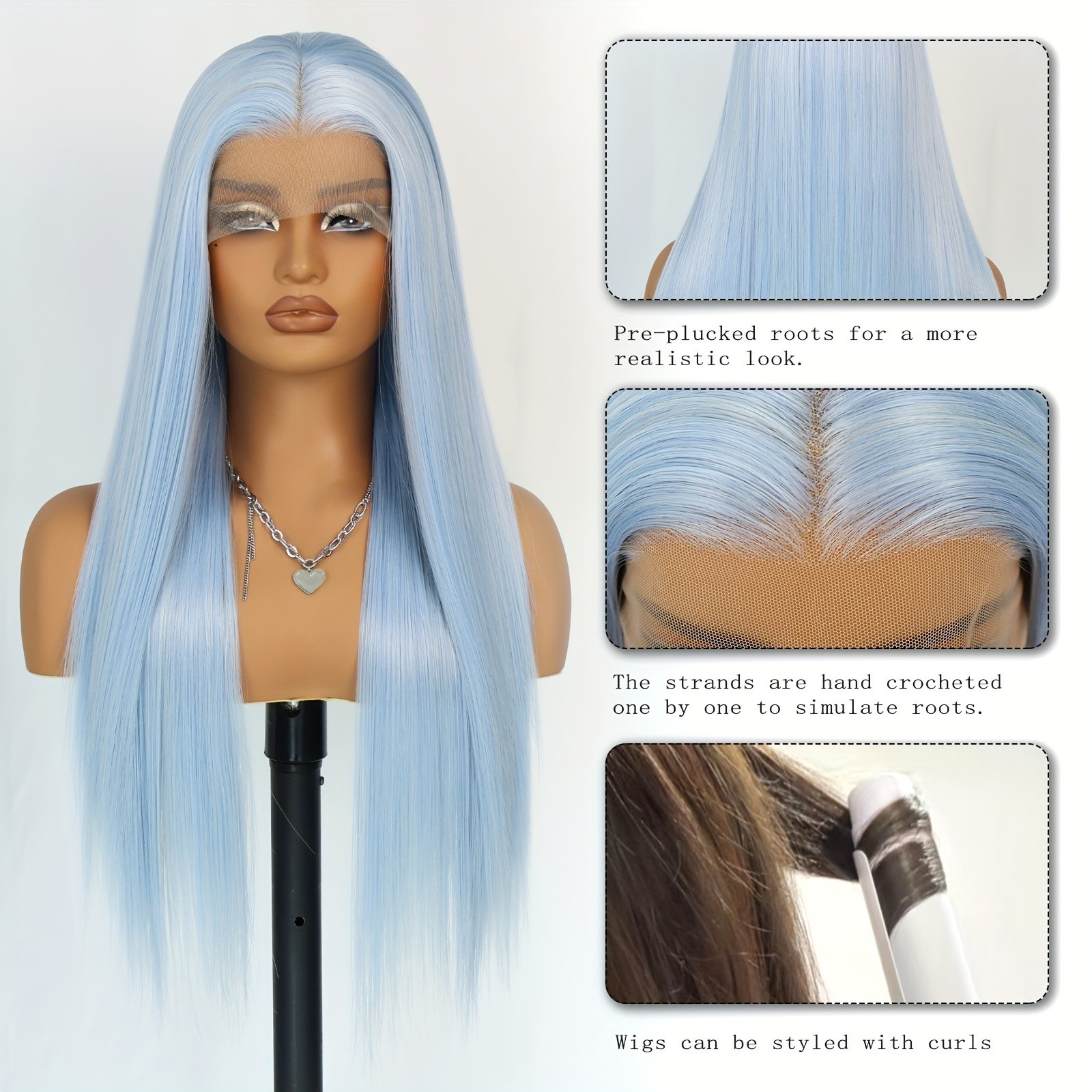 Light Blue Straight Synthetic Lace Front Wigs 26 Inch for Women Party Daily Use