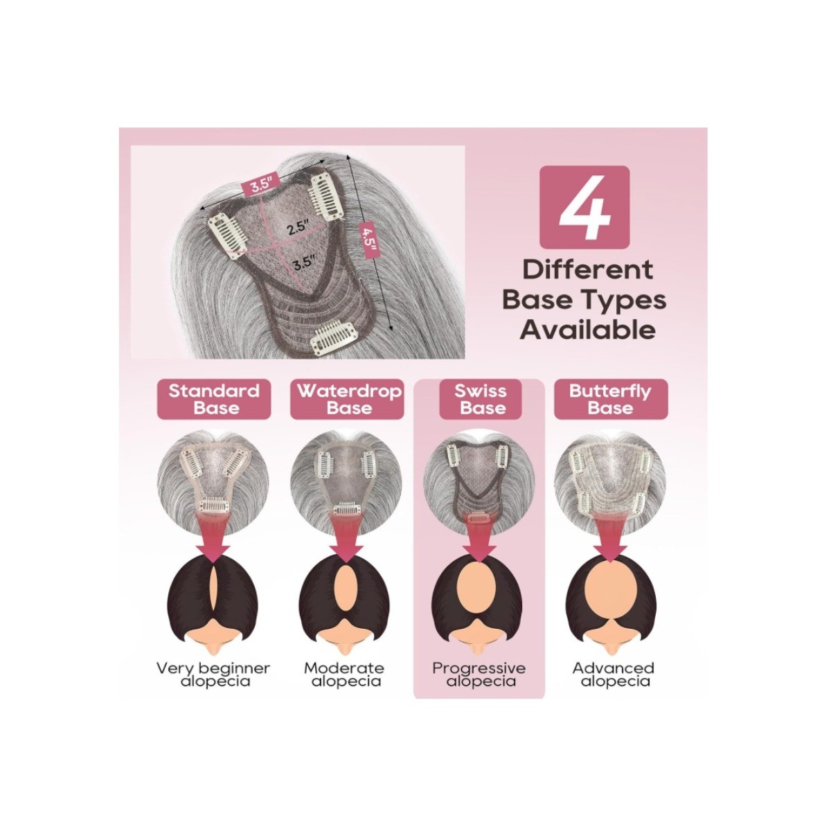 10in Real Human Hair Topper Swiss Base Hand-Tied Gray Salt and Pepper Mix