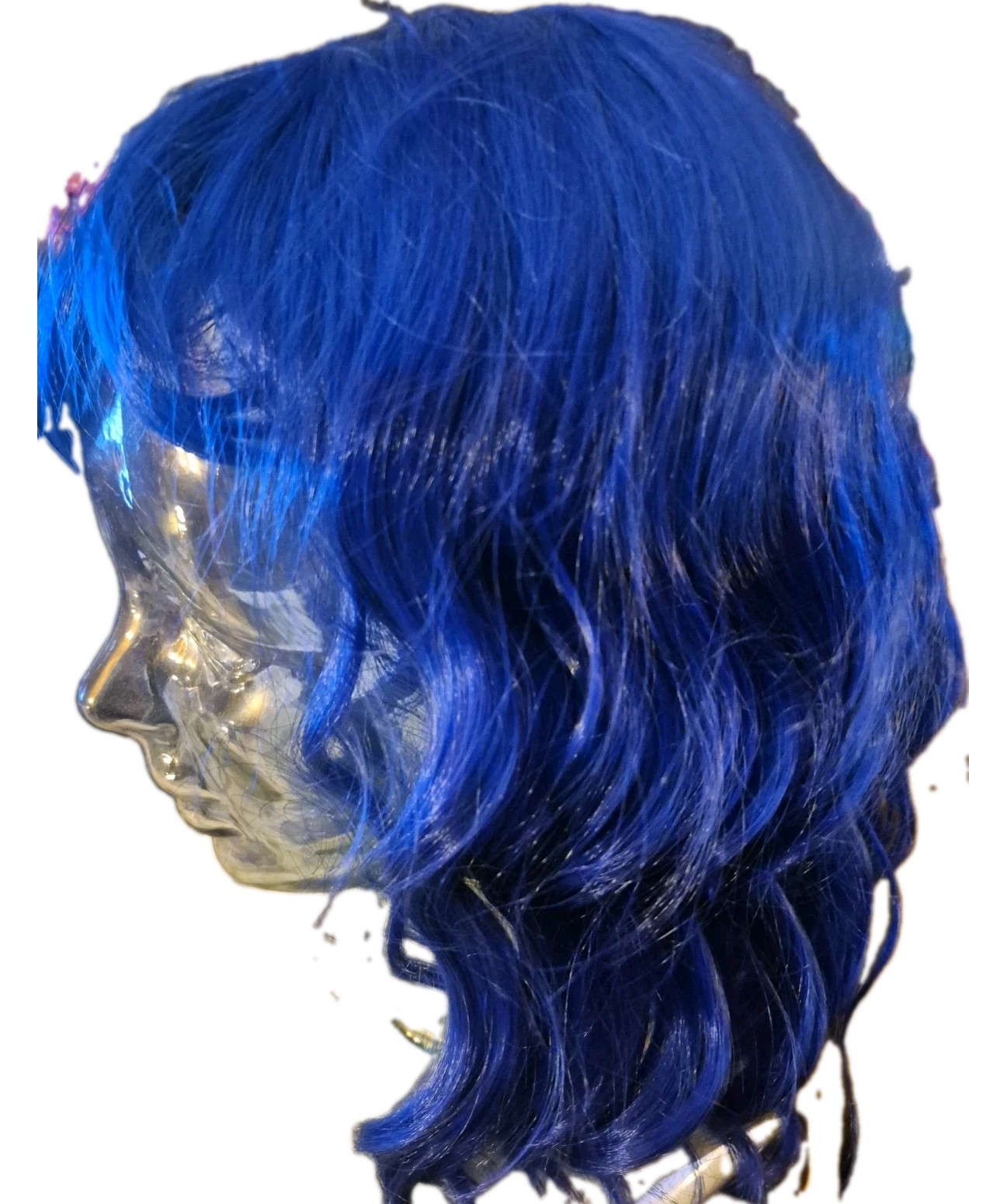 Blue Curly Wavy Bangs Medium Length Women Wig Synthetic Cosplay Anime Wig
