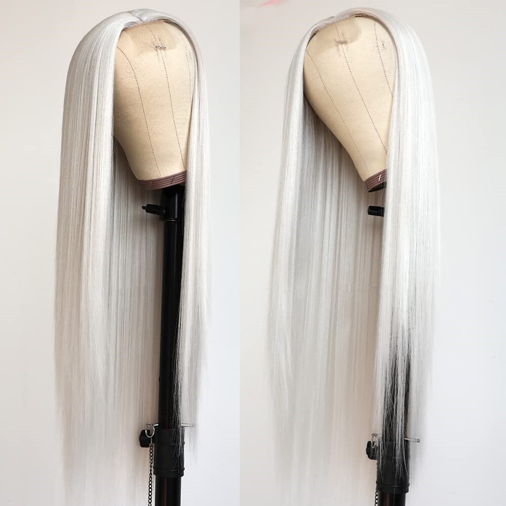 Women Long Lace Front Wigs Straight White Wig Synthetic Hair Heat Resistant Soft