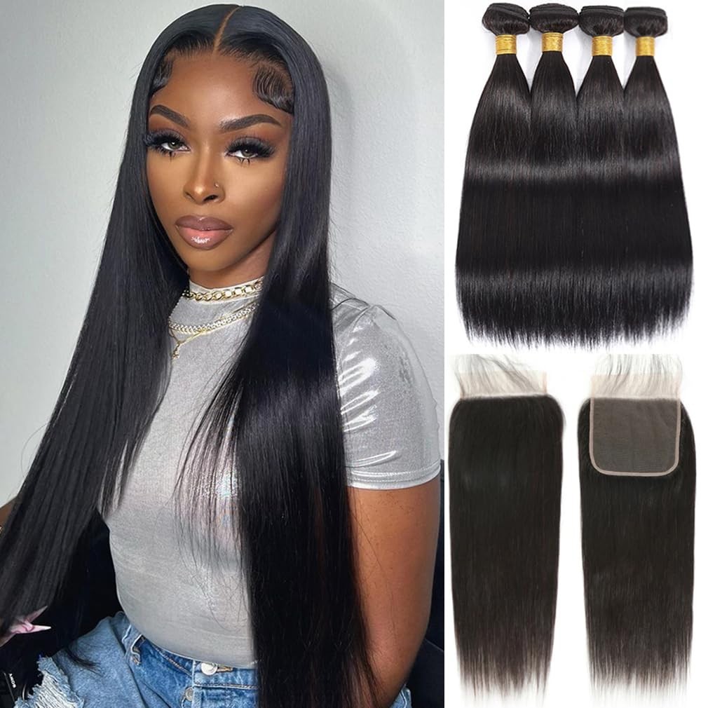 Straight Human Hair Bundles with Closure – 14-20 Inch, Pre-Plucked, Thick Weave