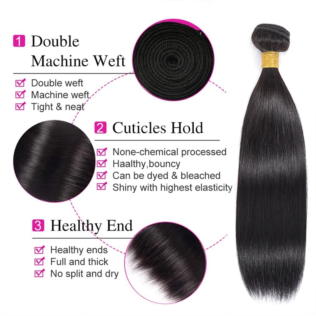 Straight Human Hair Bundles with Closure – 14-20 Inch, Pre-Plucked, Thick Weave