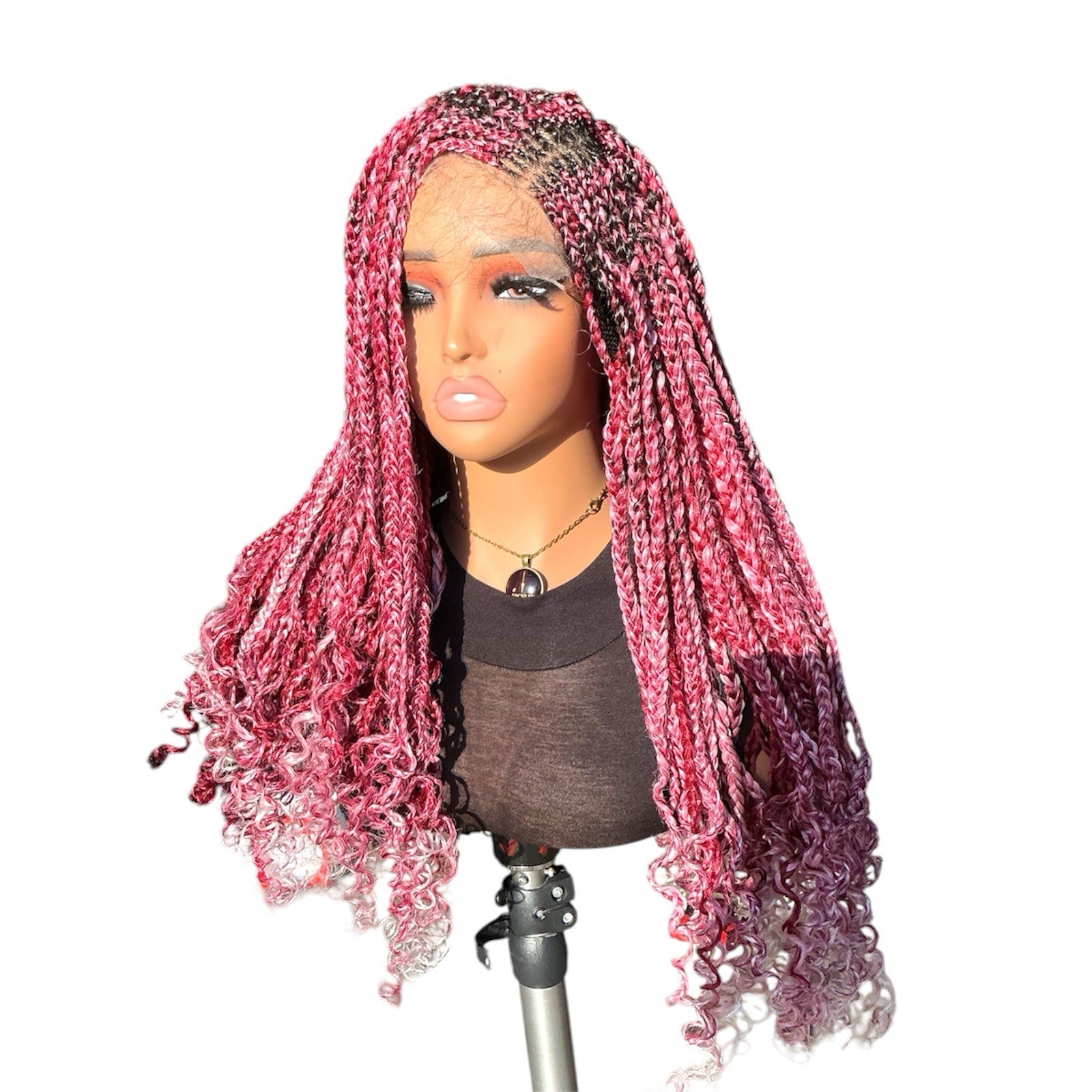 Handmade 4×4 Lace Cornrow Box Braided Wig Burgundy Pink Curly Ends