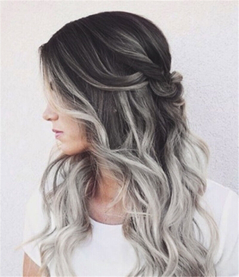 Private Women Ash Gray Silver Ombre Lace Long Wavy Curly Blonde Synthetic Wigs
