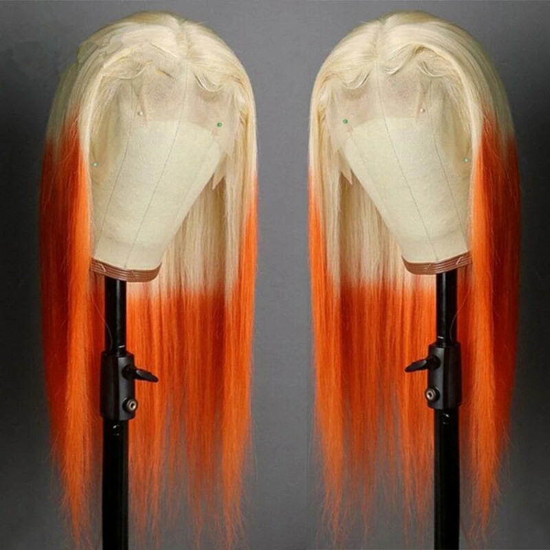 Long Straight Ombre Blonde to Orange Lace Front Fiber Wig Heat Safe Fashion Cos