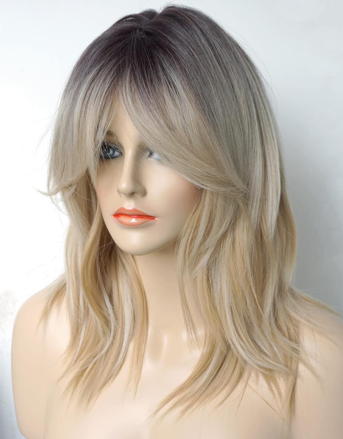 Medium Length Blonde Ombre Wolf Tail Wavy Wig for White Women Short Wavy Hair