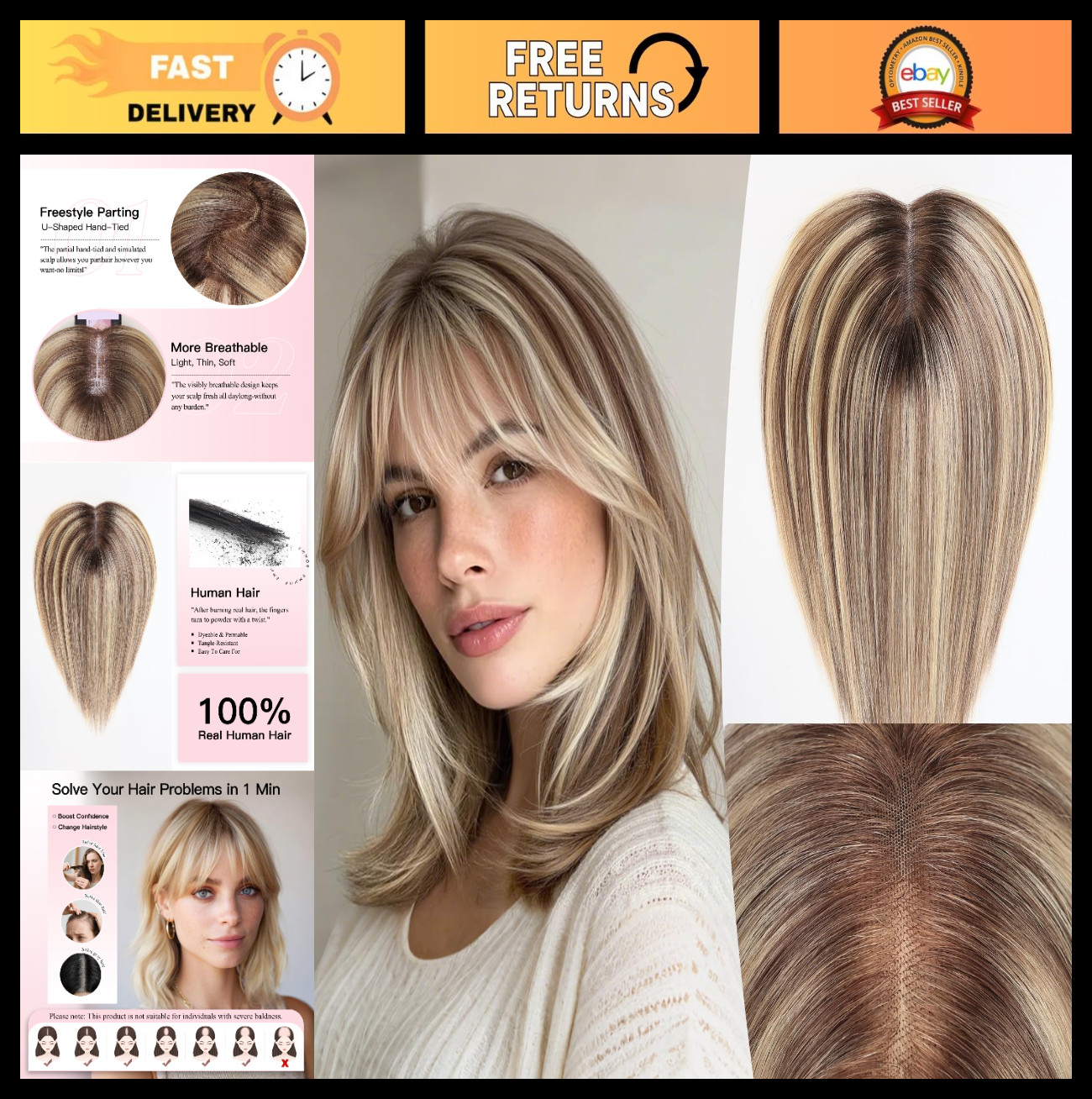 14″ Human Hair Topper for Women – Swiss Lace Base, Non-Slip Clips, Natural Look,