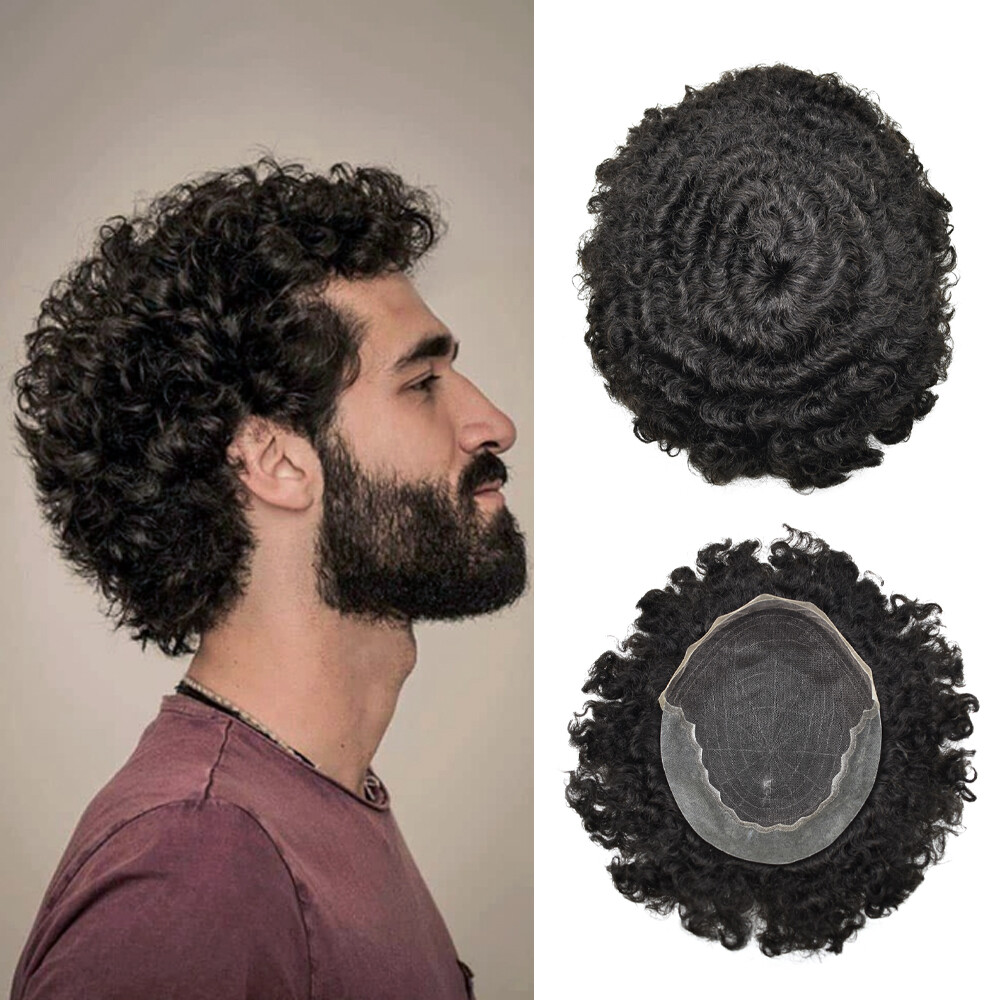 Afro Toupee for Black Men Toupee French Lace Hairpiece Kinky Curl Gray Hair Unit