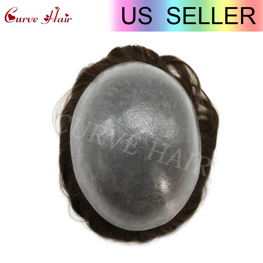 US Mens Toupee Human Hair Piece Full Poly Thin Skin Men Hair Replacement Systems