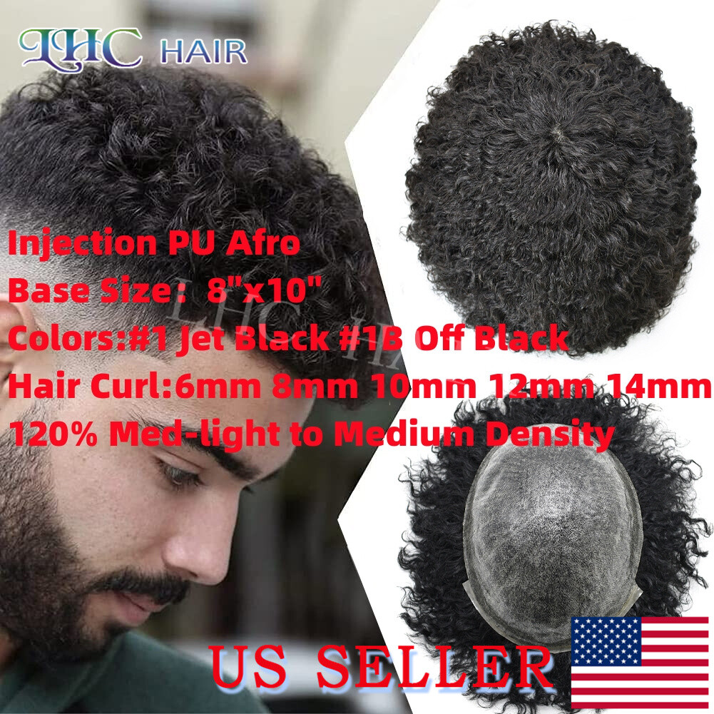 Afro Toupee For Black Men Kinky Curly All PU Human Hair Replacement System Wigs