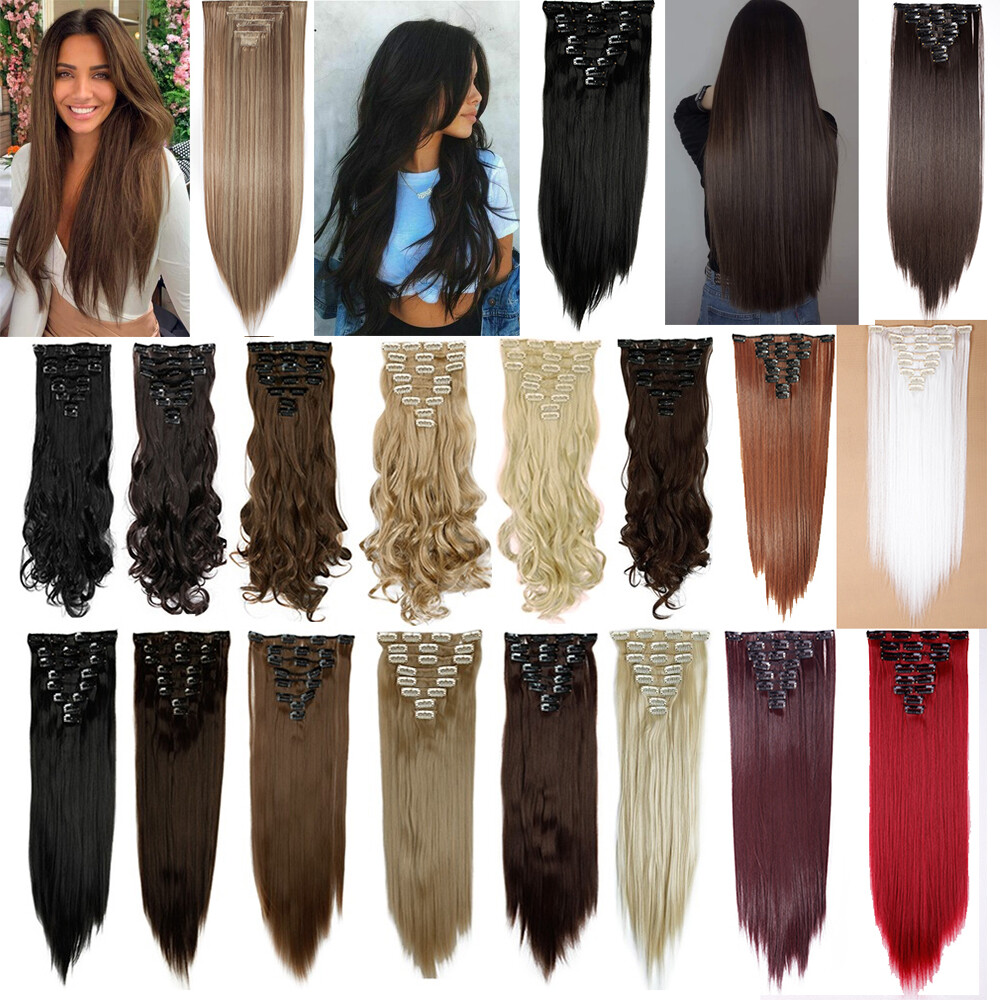8 Pieces Hair Full Head Natural Clip in Hair Extensions Straight Curly For Woman