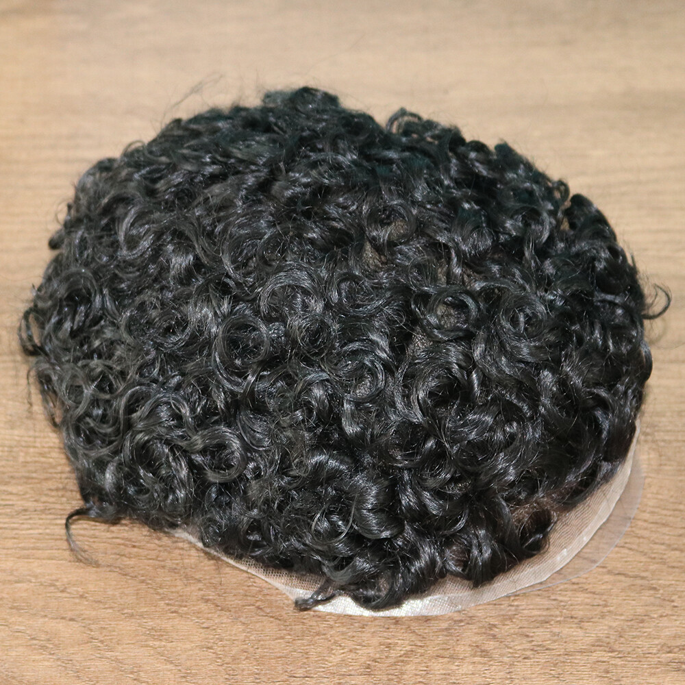 Afro 18mm Curly Men Toupee Durable Skin Full Poly PU Base Human Hair System Wig