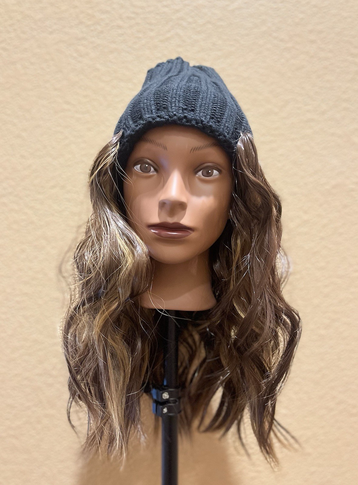 Dark Brown Highlighted Wavy Synthetic Beanie Wig | Detachable Faux Fur Pom Pom