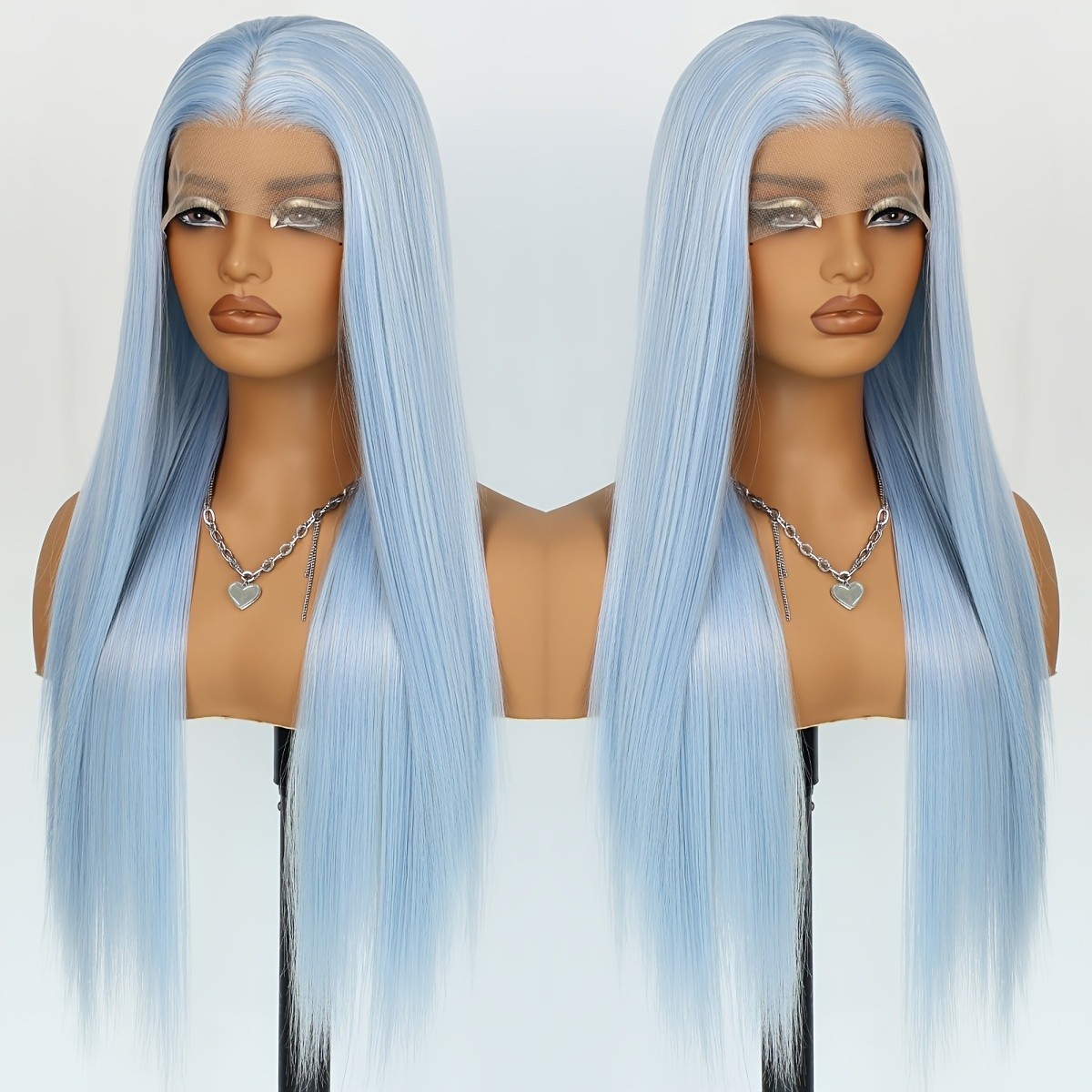 Light Blue Straight Synthetic Lace Front Wigs 26 Inch for Women Party Daily Use